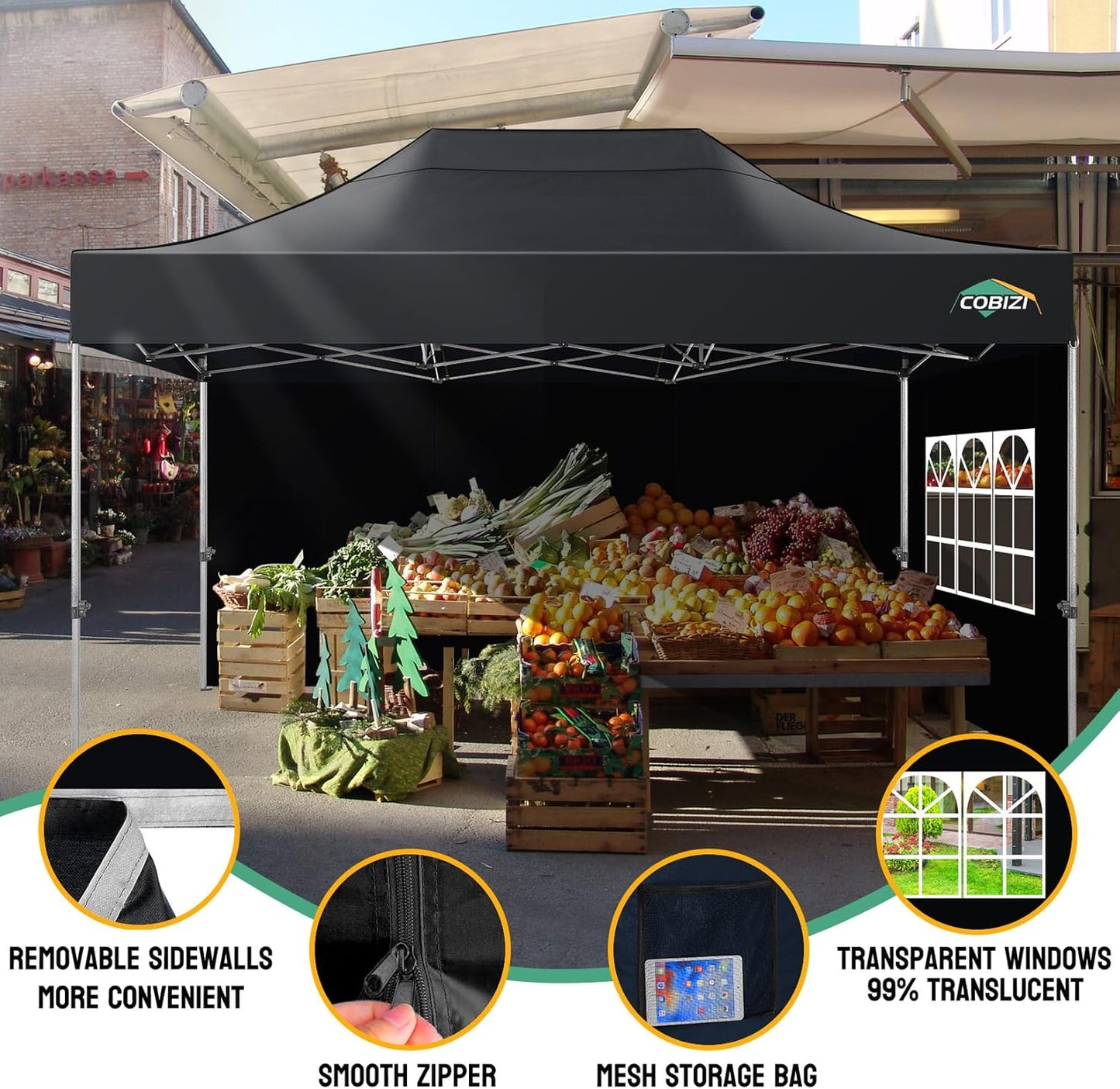 COBIZI 10x15 Pop up Canopy Tent Heavy Duty with 4 Sidewalls, Easy Set-up Commercial Outdoor Party Tent, 100% Waterproof Wedding Canopy Gazebo, 3 Height Adjustable with Handbag, Black