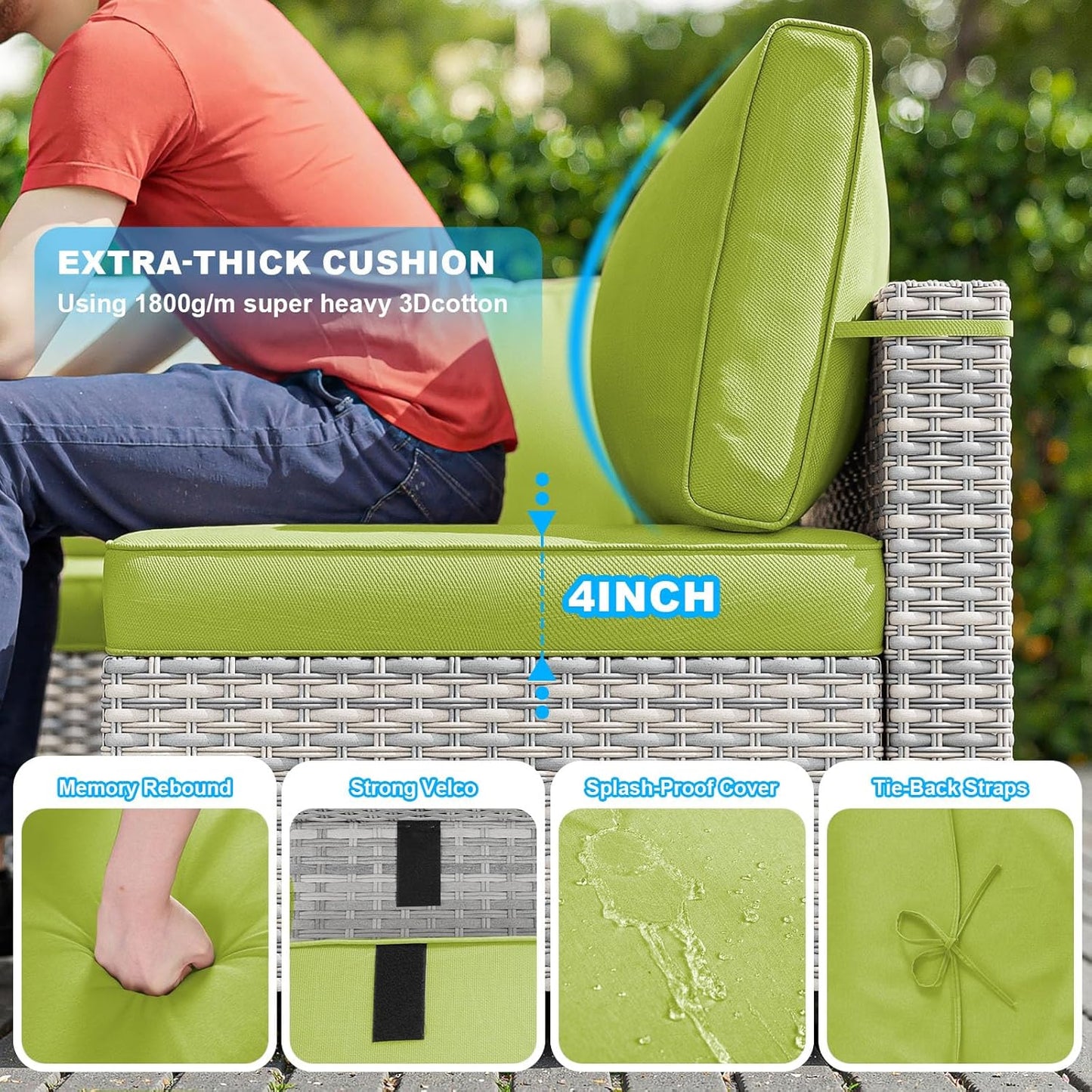7-Piece Patio Furniture Set, Outdoor Sectional with Thick Cushions, Modular Patio Sofa, Dual-Strand Wicker Rattan, Rust-Resistant Frame, Backyard Furniture for Garden, Deck, Grass Green
