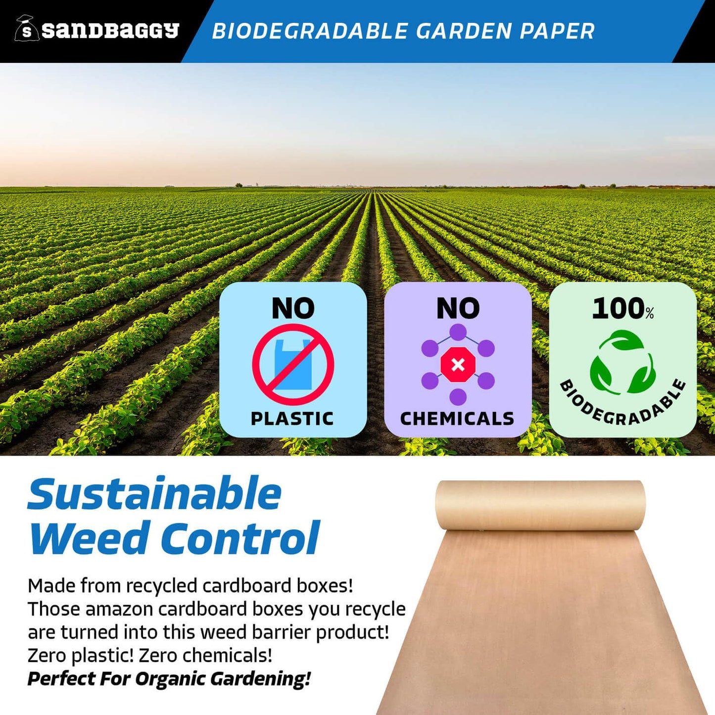 Sandbaggy Biodegradable Landscape Fabric - Garden Paper for Weeds - Paper Mulch Rolls (5 ft x 475 ft, 25)