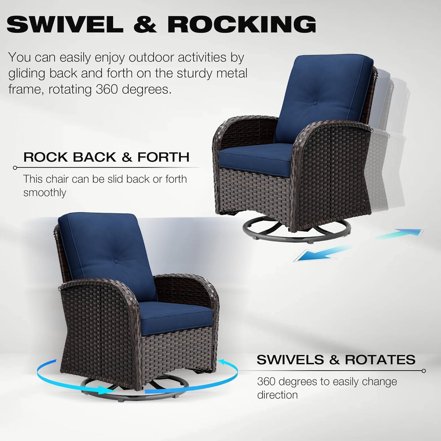 Joyside 9 Piece Patio Furniture Set, Outdoor Wicker Conversation Sets with Swivel Rocker Chairs and Sofa, Thick Cushion, Rattan Patio Sectional for Porch, Deck Use (Brown/Blue, 9 PCS)