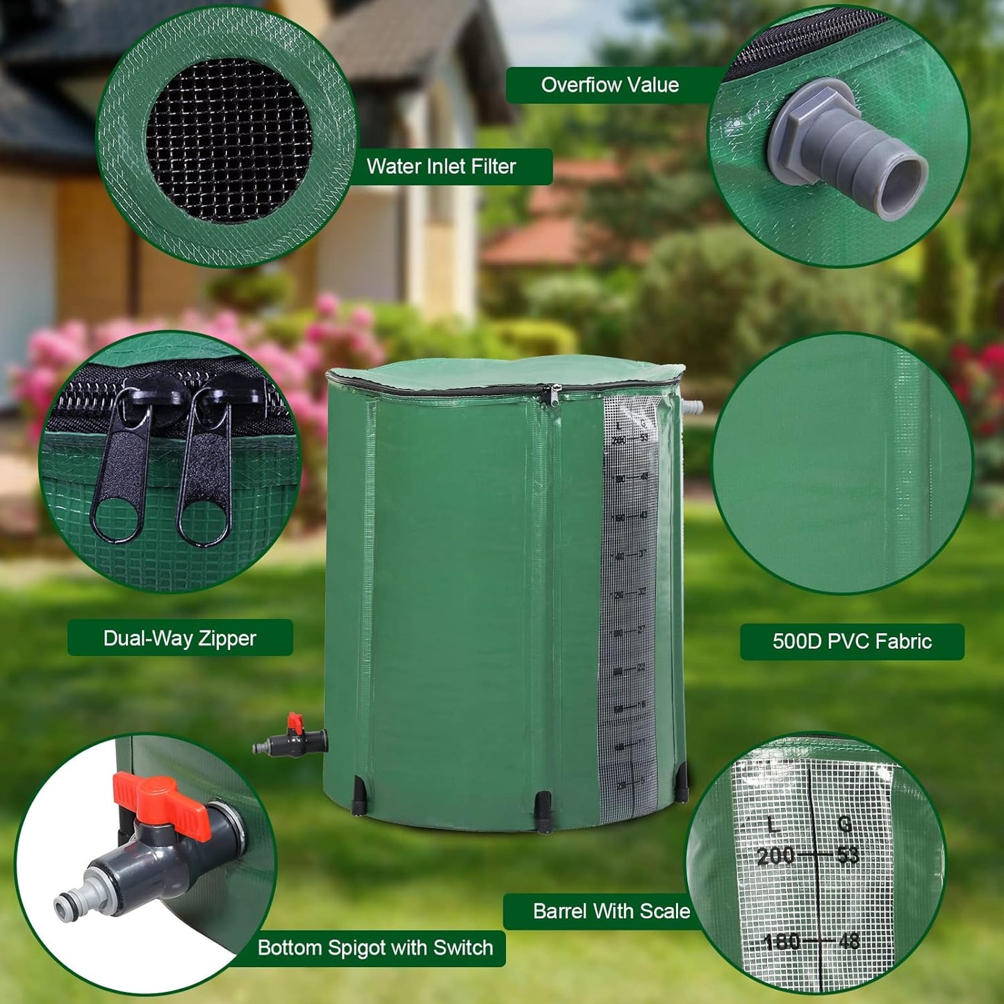 50 Gallon Collapsible Rain Barrel, Portable Rainwater Collection System, Rain Catcher Barrel with Volume Scale Mark, Spigots and Overflow Kit, Rain Water Barrel Collector for Garden, Green