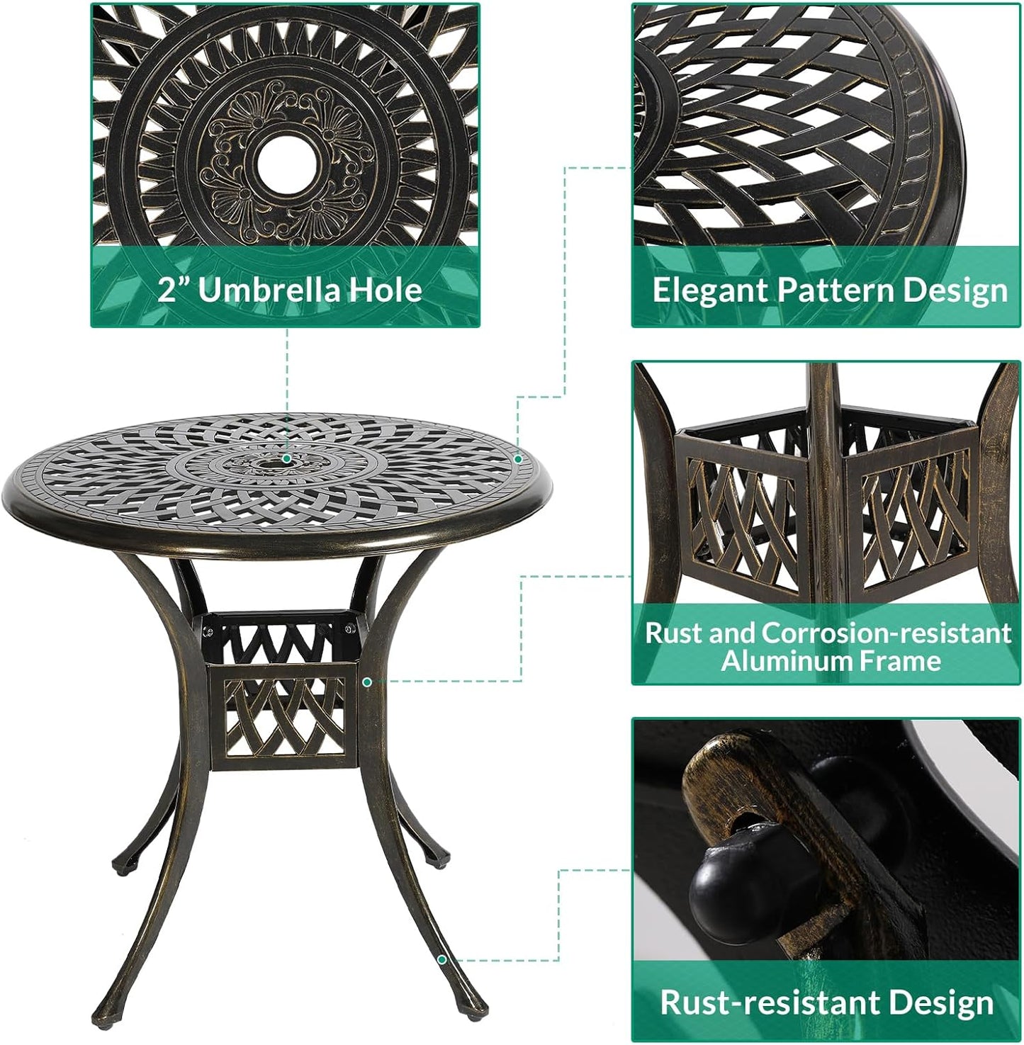 VIVIJASON 3-Piece Patio Furniture Dining Set, Outdoor All-Weather Cast Aluminum Bistro Set, Include 2 Swivel Chairs and 31" Round Table w/Umbrella Hole for Balcony, Lawn, Garden (Red Cushion)