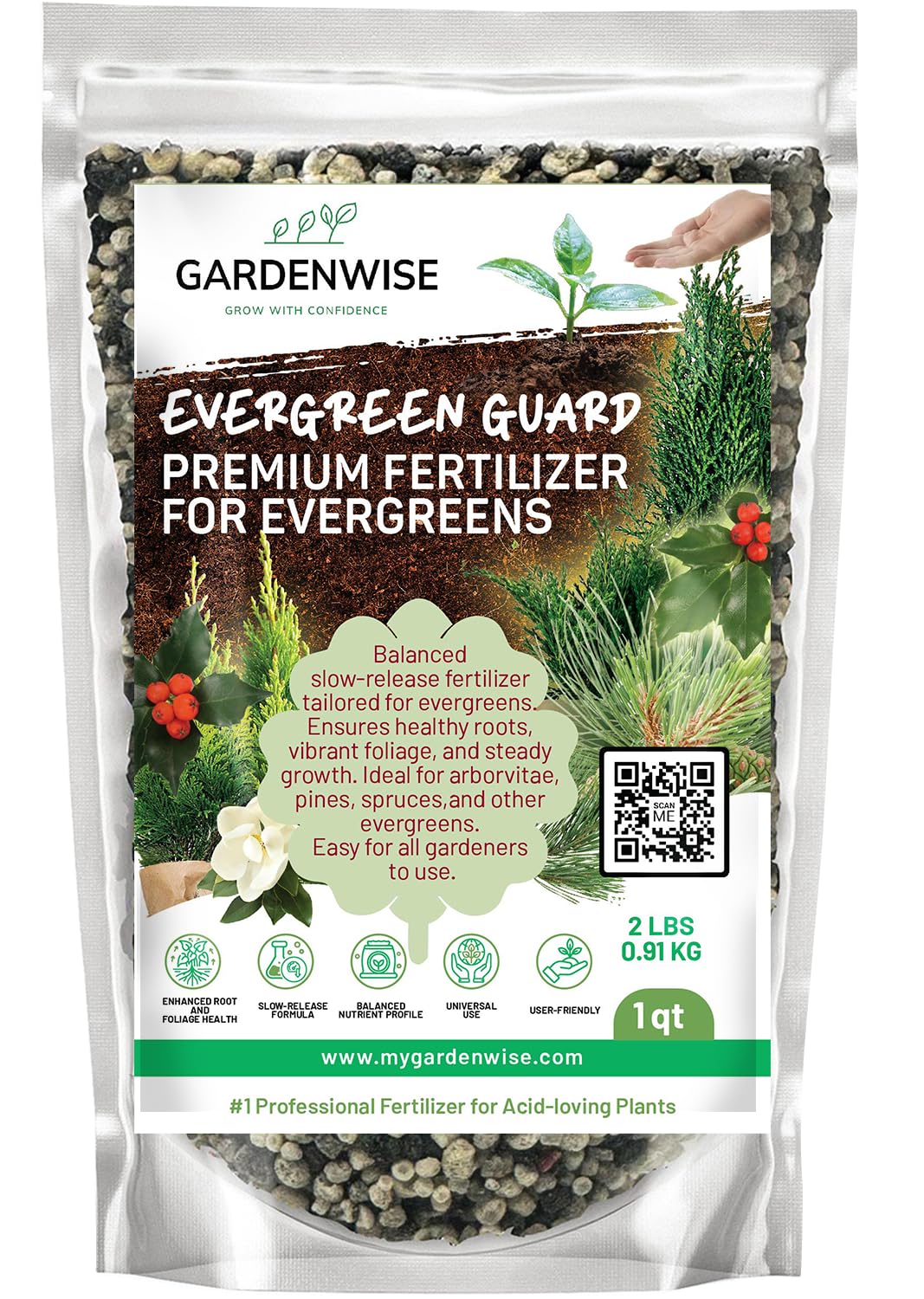 Evergreen Fertilizer – All-Purpose Granular Plant Food for Outdoor Trees and Shrubs, Azaleas, Magnolias, Pines & Arborvitae – Slow-Release Formula (2 quarts)