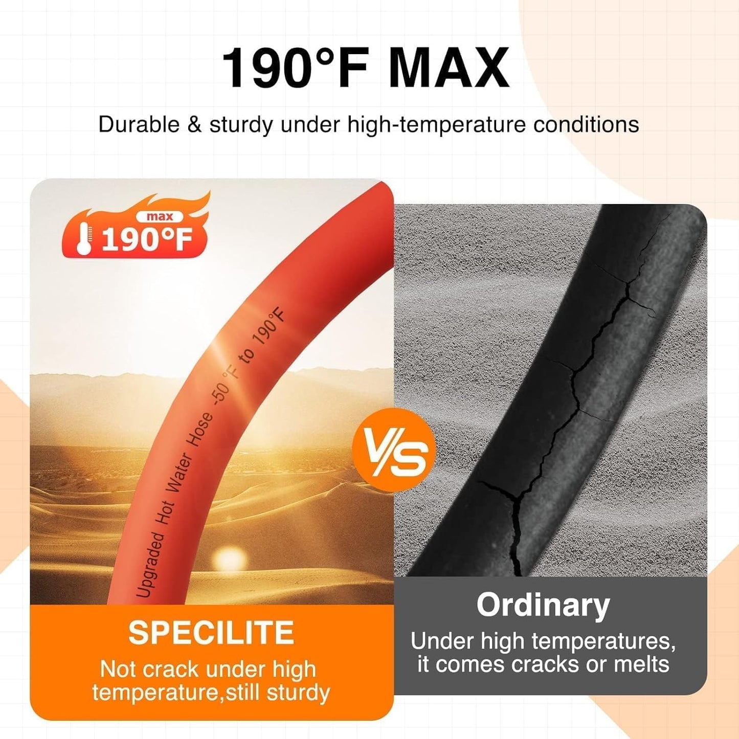 5/8" Hot/Cold Rubber Garden Water Hose 50 ft, -50℉-190℉, 200psi Working, 600psi Burst, Flexible & Lightweight With 3/4" Brass Fittings for Yard, Outdoor, Farm, Agriculture, Construction, Red