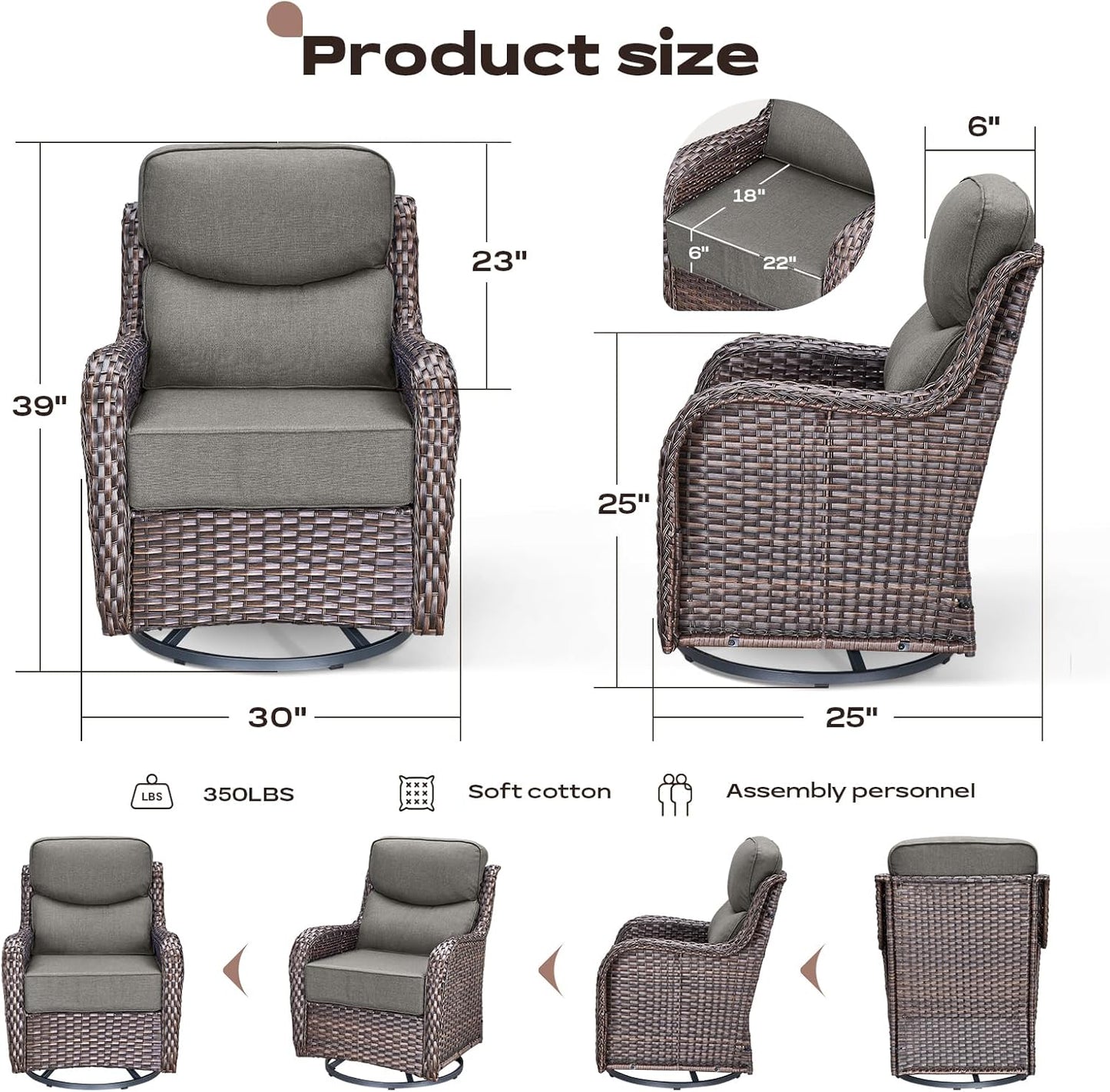Outdoor Patio Swivel Rocker Chairs Set of 2, Waterproof Wicker, High Back, Deep Seating, Wide Armrest, Upgraded 6 inch Thick Cushions, Ideal for Deck Porch Backyard, Brown/Grey