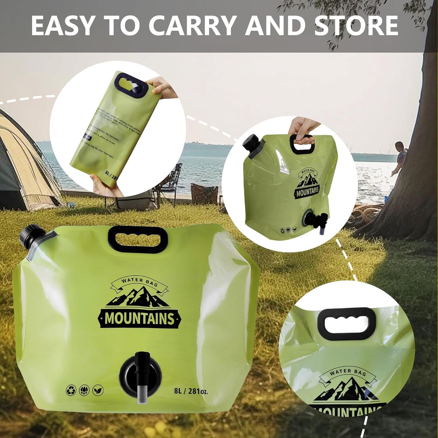 Collapsible 8L Water Storage Bag, BPA-Free Portable Folding Water Jug with Adjustable Faucet, Leakproof Emergency Water Bag for Camping, Hiking, Riding, Outdoor Sport (GREEN, 2)