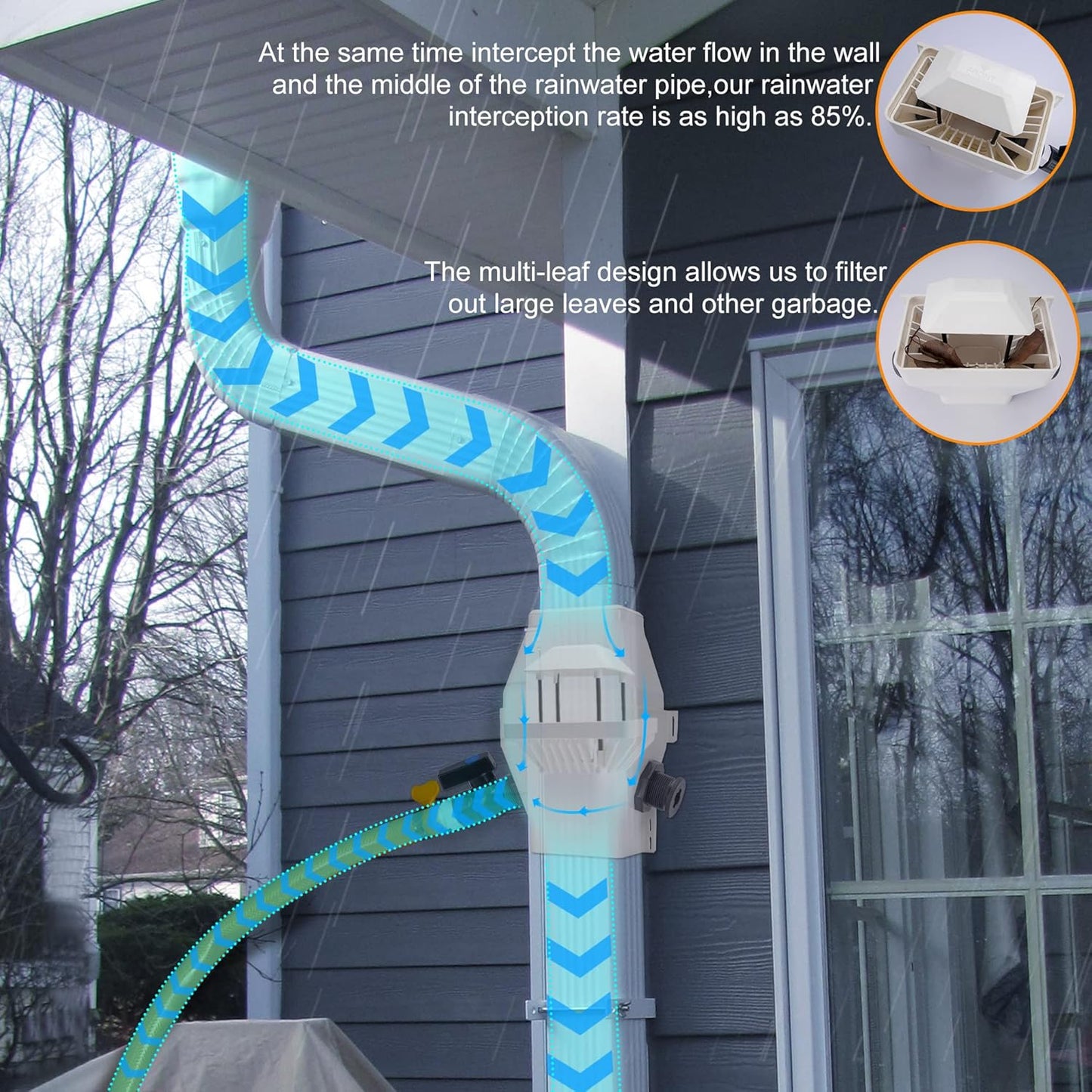 Rain Barrel Diverter, RainWater Collection System Fits for 2x3 or 3x4 Inch Downspout Diverter Colander, Tintsabo Upgrade Rain Barrel Diverter Kit with Filtration and PVC Spigot, White