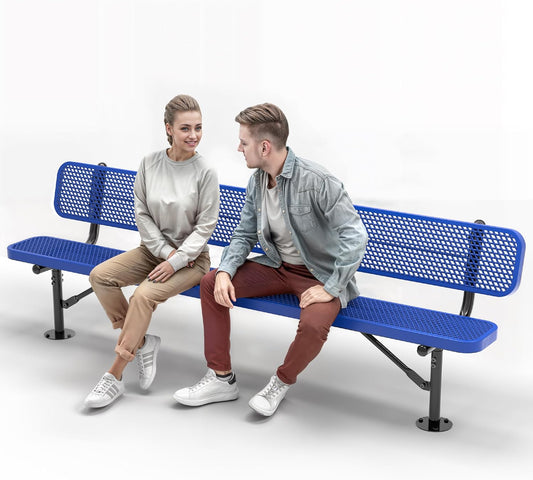 Heavy-Duty Outdoor Metal Bench, Thermoplastic-Coated, Surface, Weatherproof, Commercial-Grade for Parks, Gardens, Patios, Stores & More (8 Ft - Surface with Back, Blue)