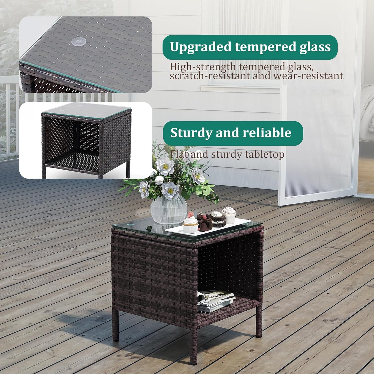 3 Piece Patio Furniture Set - Outdoor Conversation Sets with Coffee Table, Rattan Chair Set for Garden/Poolside, Brown/Green