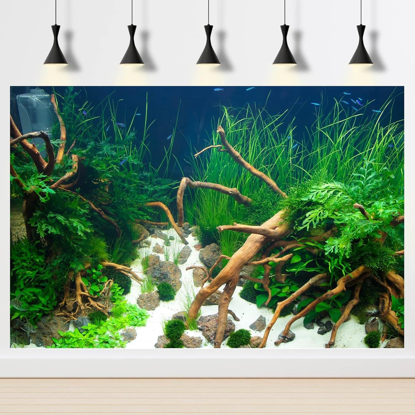 Aquarium Background Various Underwater Grass Plants Aquarium Backdrop Vivid and Fresh Green Aquatic Plants Stone River Bed and Dead Wood Yellow Stone Fish Tank Background 24x12in