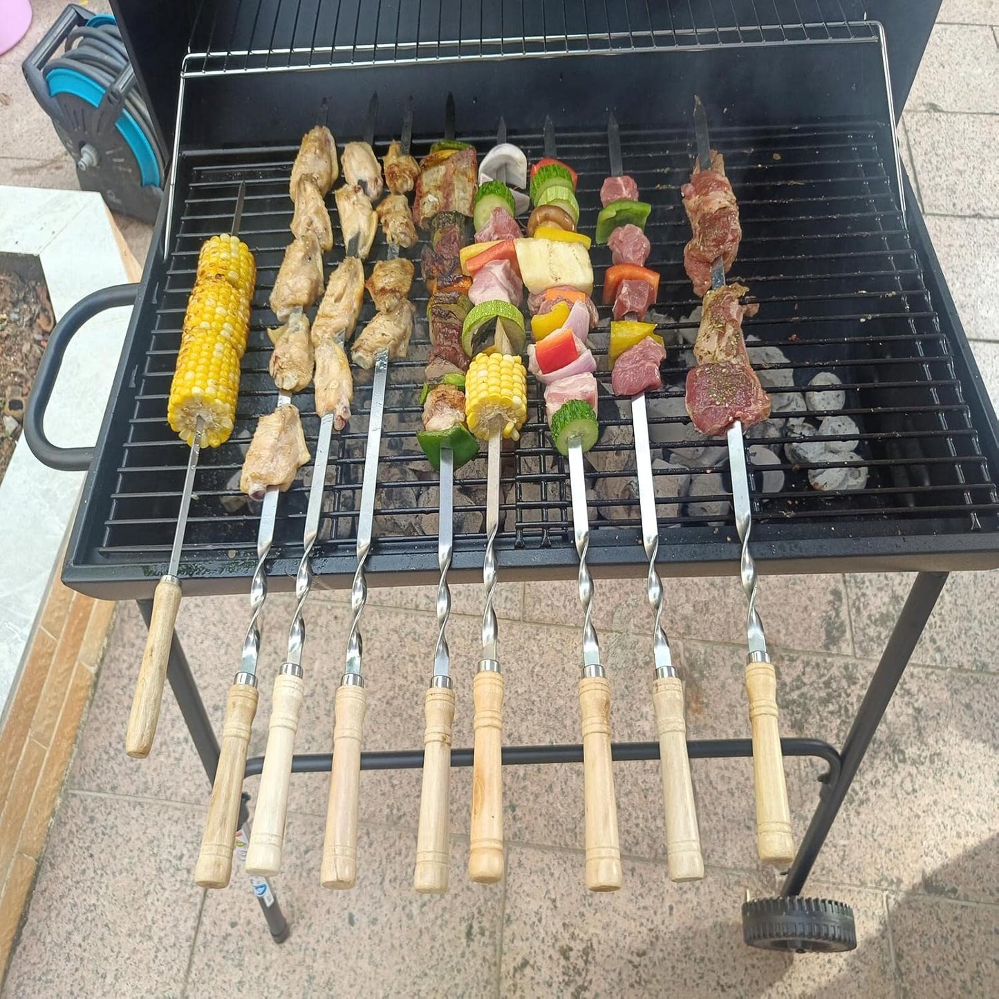 23.6" Large Size Kabob Skewers Flat Metal BBQ Barbecue Skewer Wooden Handle Stainless Steel Shish Kabob Stick Wide Reusable Grilling Set Meat Shrimp Chicken Vegetable Kebab Fork Sausage-12PCS