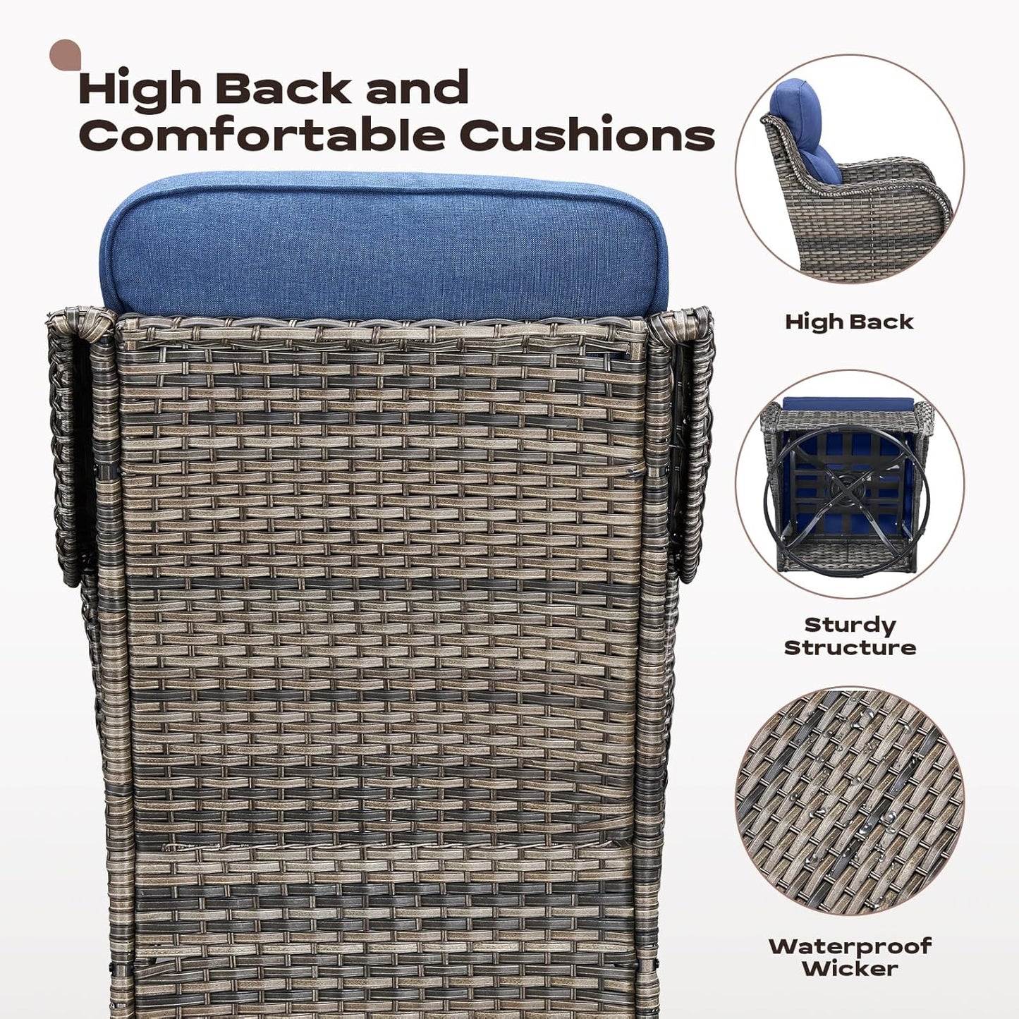 Wicker Outdoor Patio Furniture Set - 5 Piece Patio Conversation Sets with Swivel Rocker Chairs, Ottomans and Sofa, 6 inch Cushions, Waterproof Wicker, for Porch Deck Mixed Grey/Blue