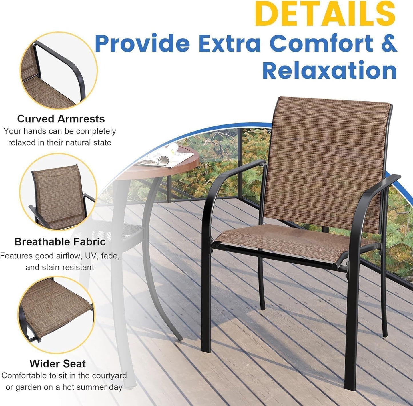 VICLLAX Patio Dining Set for 4, 5 Pieces Outdoor Furniture Set Includes 41.7" Round Patio Table and 4 Patio Stackable Chairs, Outdoor Table and Chairs for Outsides, Walnut Tabletop and Brown Fabric