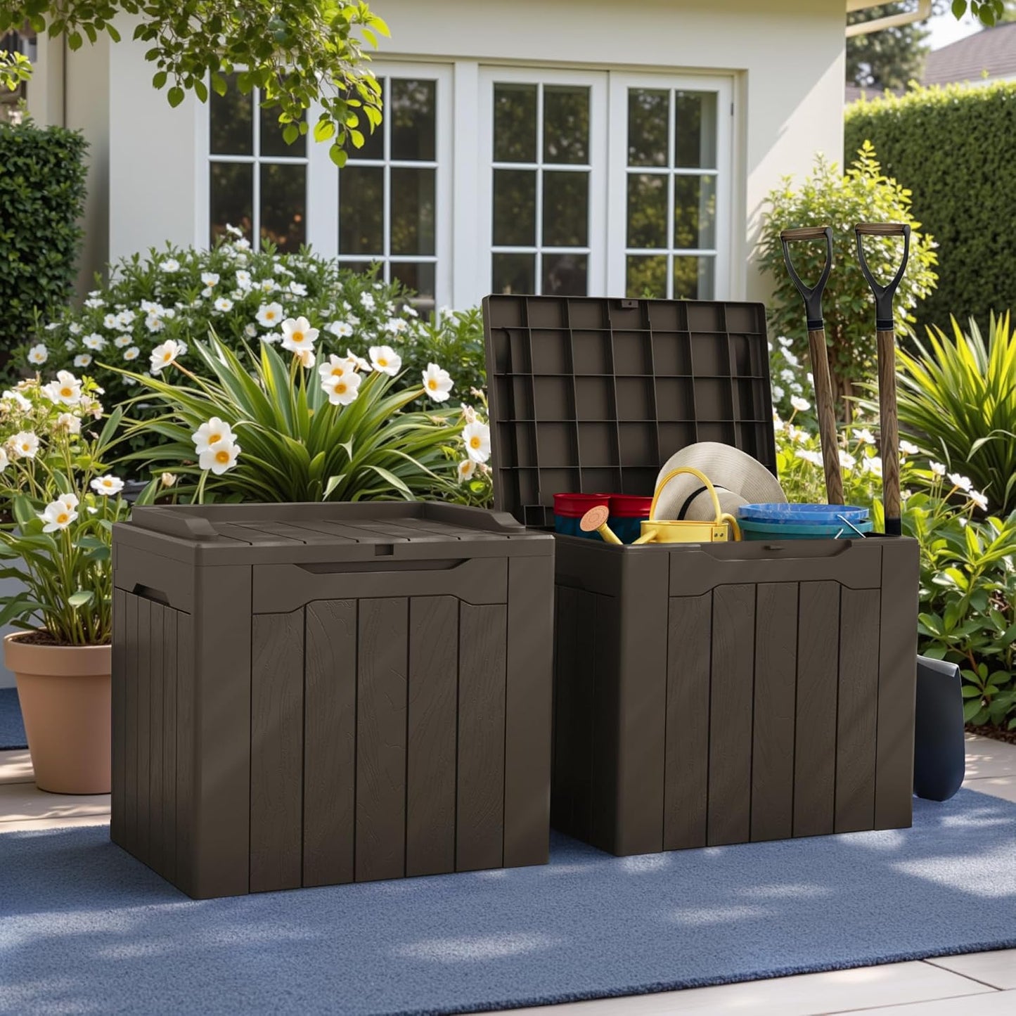 Greesum 31 Gallon Deck Box for Outside, All Weather Outdoor Storage Boxes for Patio Furniture Set, Package Delivery Box, Garden Tools, Brown(Set of 2)