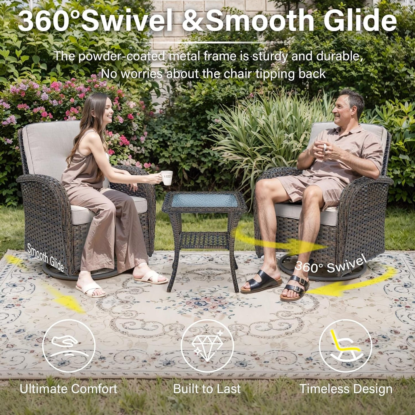 6 Piece Patio Conversation Sets - Wicker Patio Furniture Sets with Outdoor Swivel Rocker Chairs Outdoor Couch Perfect for Deck Patio Backyard, Brown Wicker Beige Cushion
