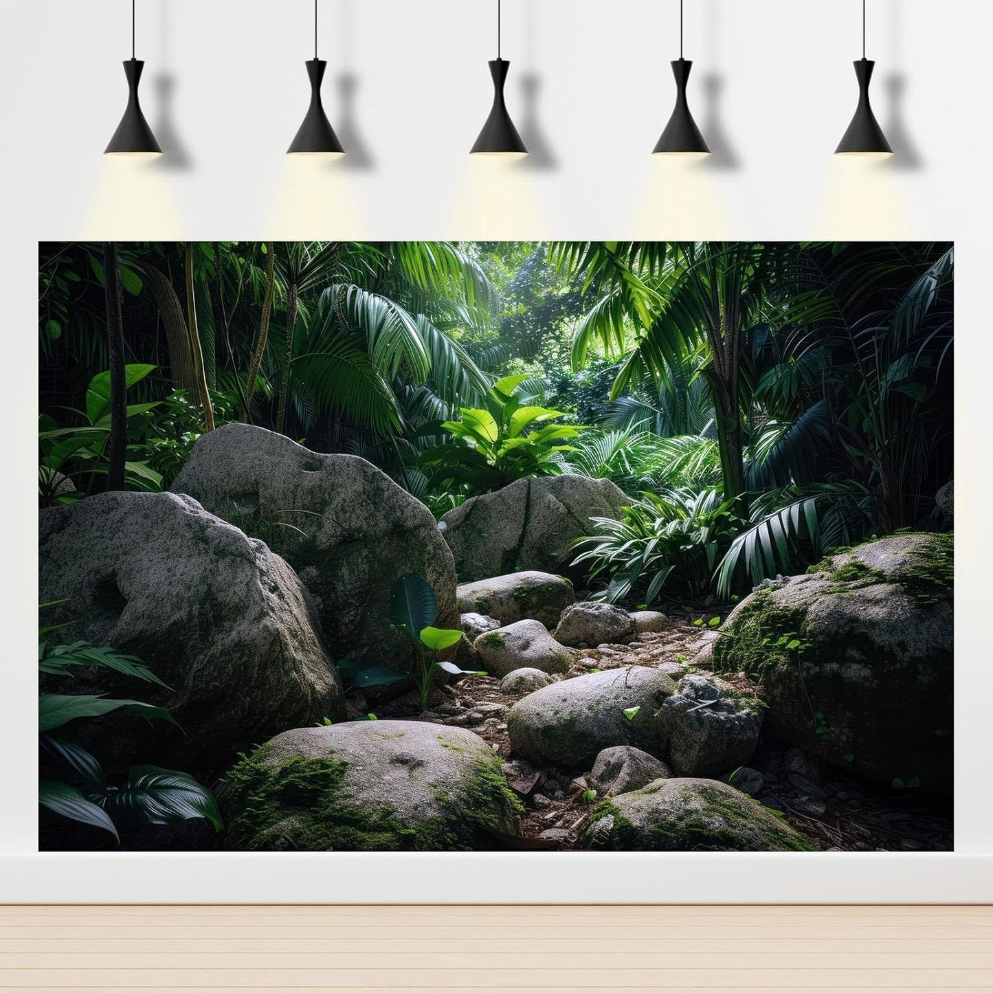 Reptile Habitat Backdrop Lush Tropical Plants and Rocks Terrarium Backdrop Dense Vegetation with Large Broad Leaves and Ferns Fish Tank Background Aquarium Wallpaper Poster Decor Vinyl 72x24in