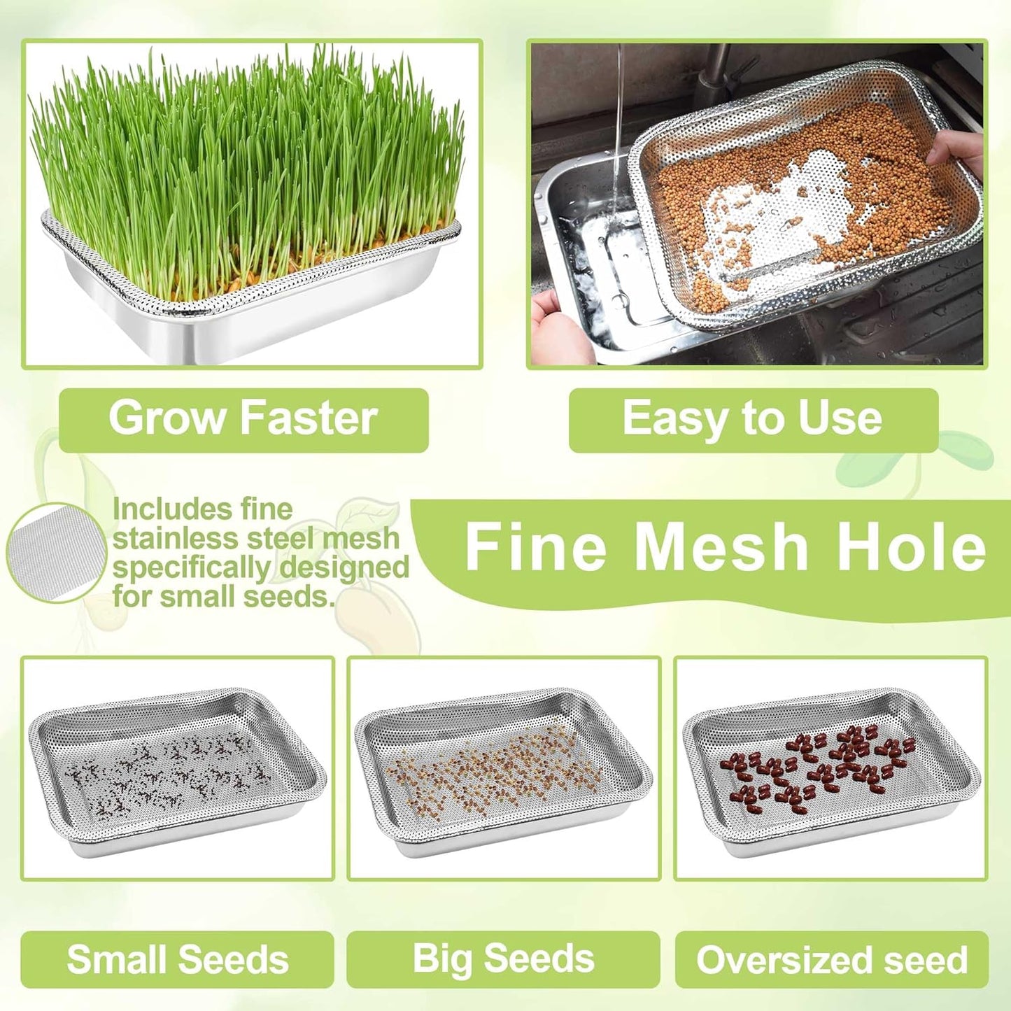 Stainless Steel Sprouts Growing Kit 4-Tier 12.4 inch Trays, Microgreens Growing Kit, Seed Sprouting Tray with Encrypted Mesh Sprouts for Beans Alfalfa Broccoli Wheat Grass