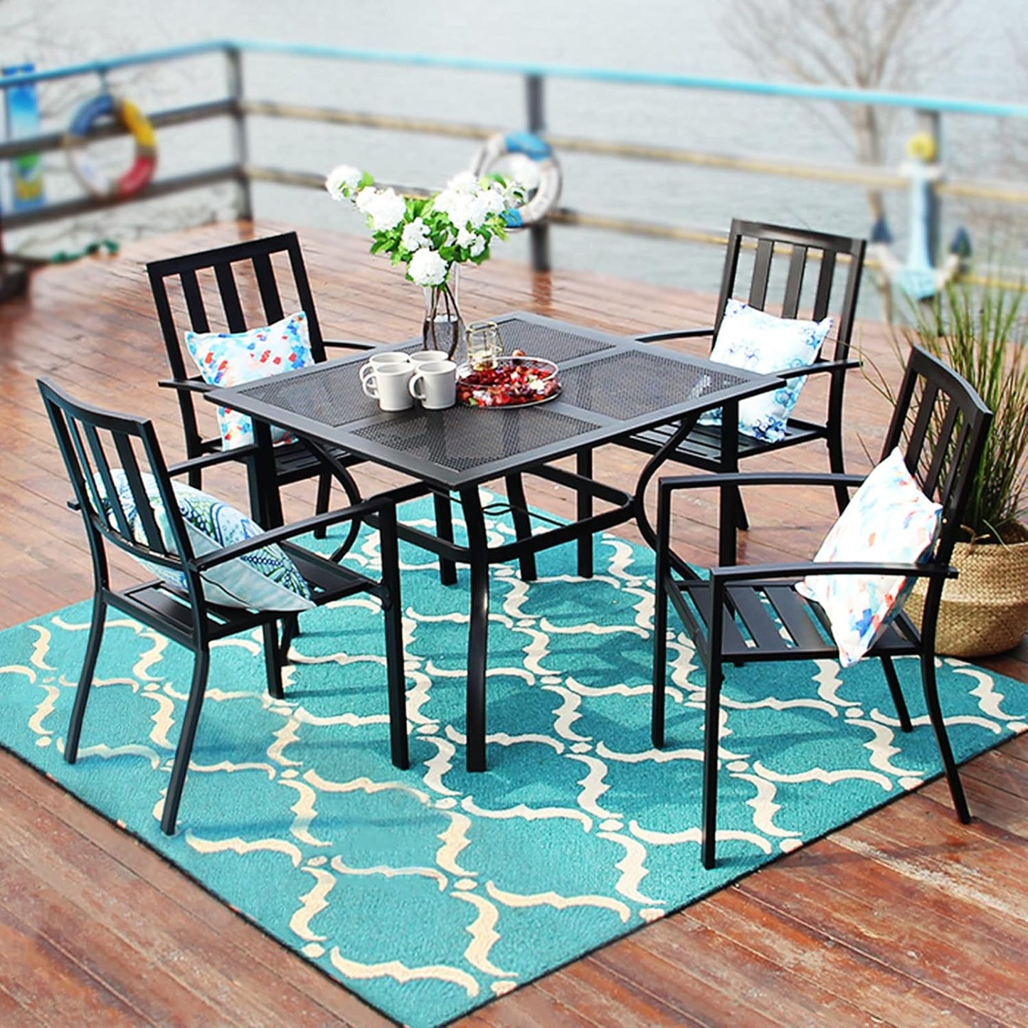 PHI VILLA 37 Inch Outdoor Dining Table Metal Steel Mesh Patio Dining Table Umbrella Table with 1.57" Umbrella Hole (Mesh)