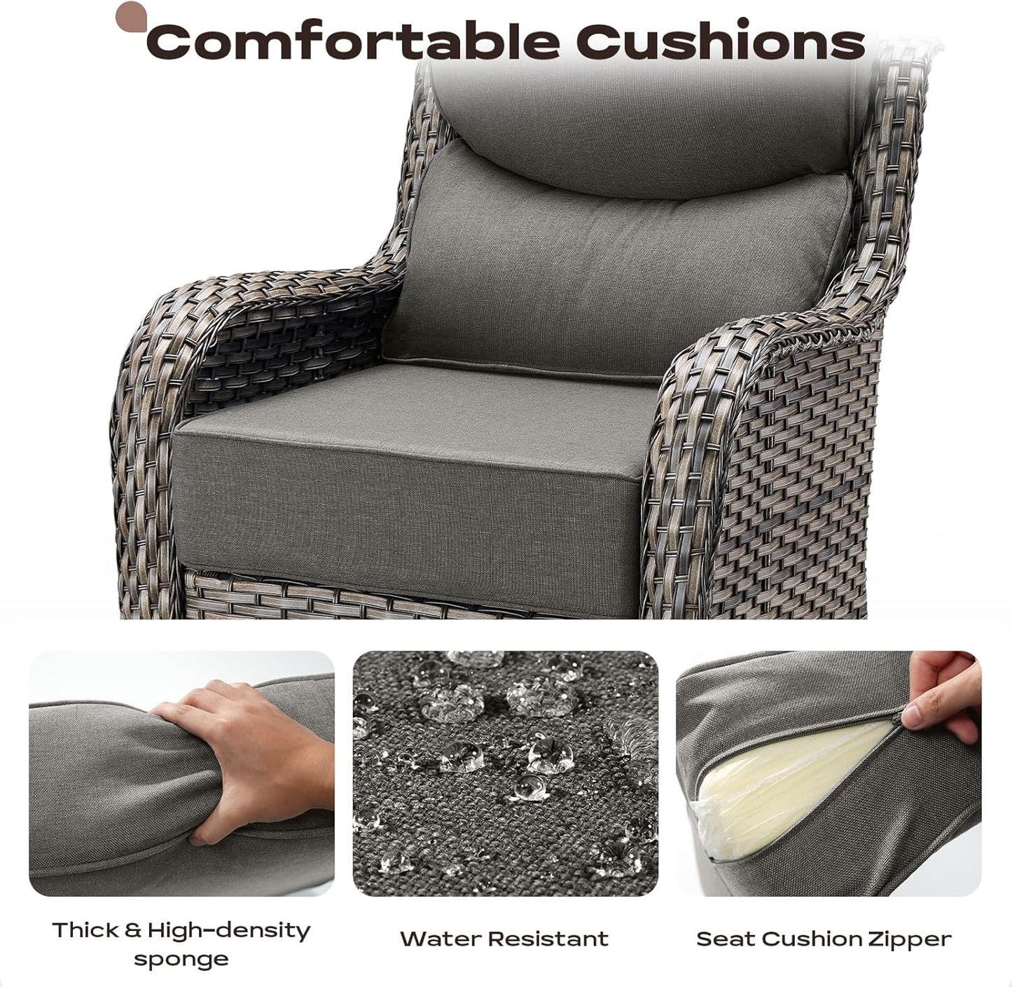 6 Piece Outdoor Patio Swivel Rocker Chairs, Waterproof Wicker, High Back, Deep Seating, Wide Armrest, Upgraded 6 inch Thick Cushions, Side Table, Ideal for Deck Porch Yard, Mixed Grey/Grey