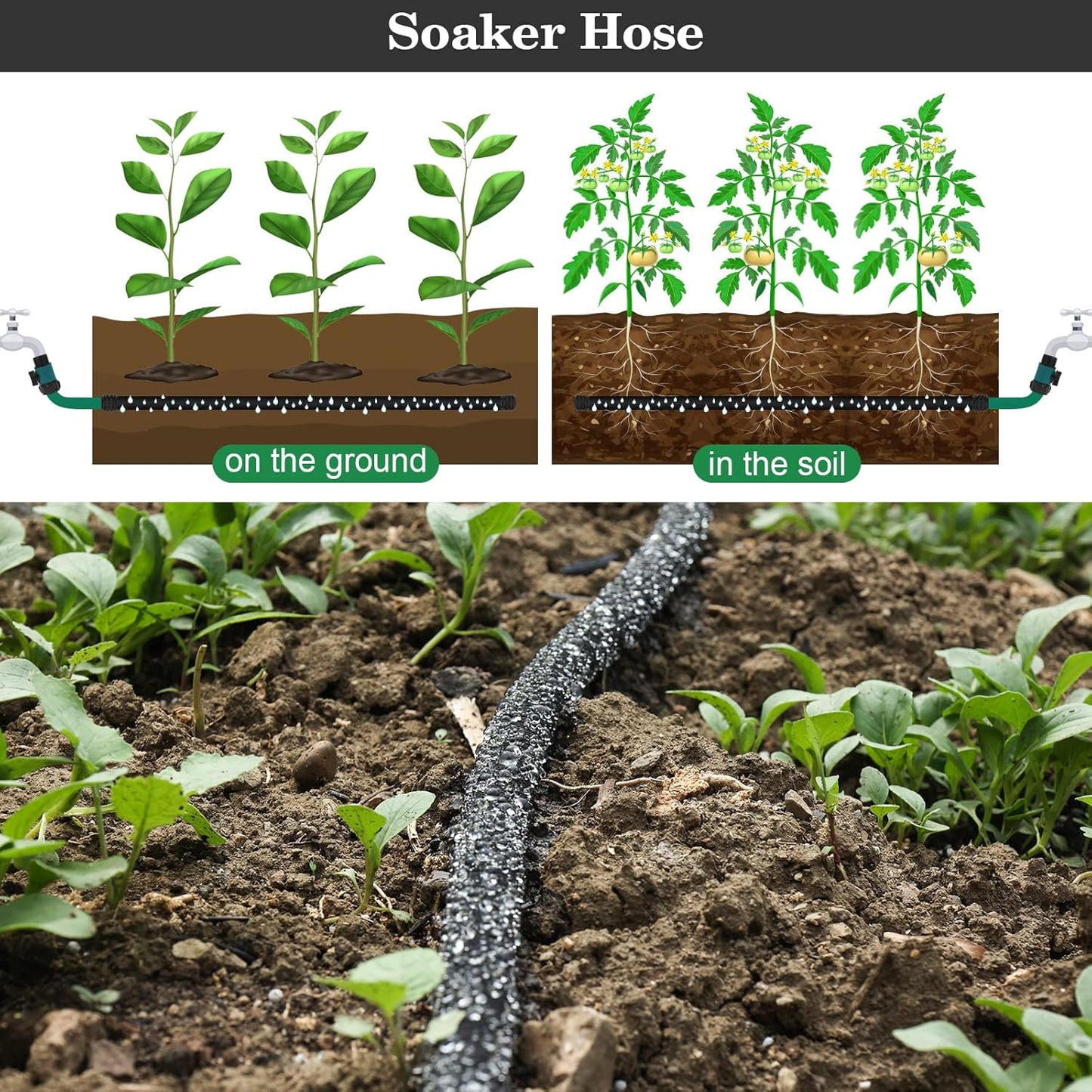 Soaker Hose 50 FT Pro for Garden Beds 1/2 Inch Rubber Longer Lasting Drip Irrigation Save 70% of Water Various Accessories Great for Lawn and Yard
