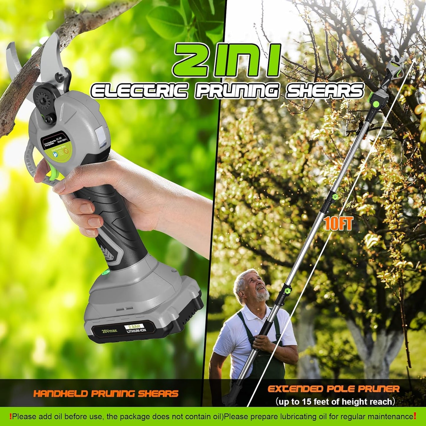 2 In 1 Pole Pruning Shears Cordless (2025 Upgraded), Electric Pruning Shears with LCD Display, 30mm Cutting Diameter Pole Pruners for Tree Trimming, with 2 Pack 2.0Ah Batteries and Goggles