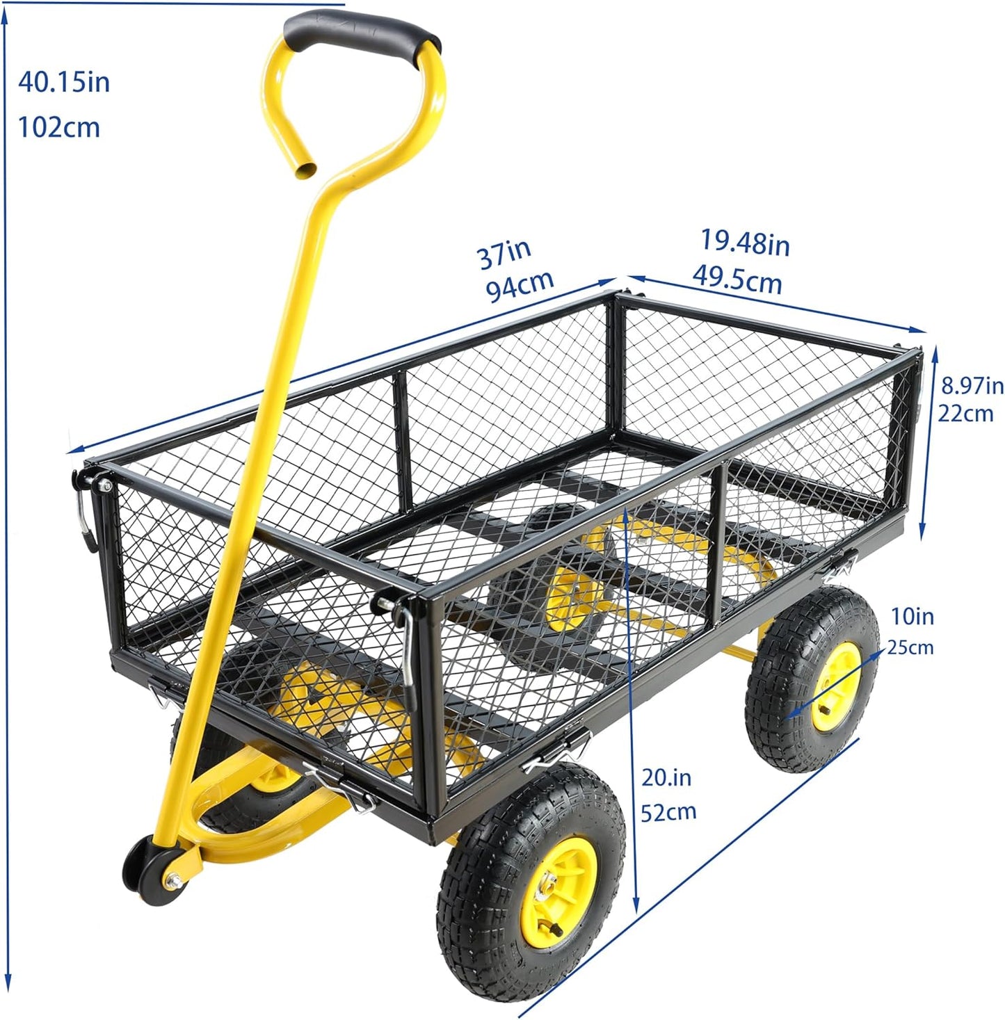 Wagon Removable Sides - Farm, Warehouse, Yard Dump Cart - Yellow+Black Air Wheels