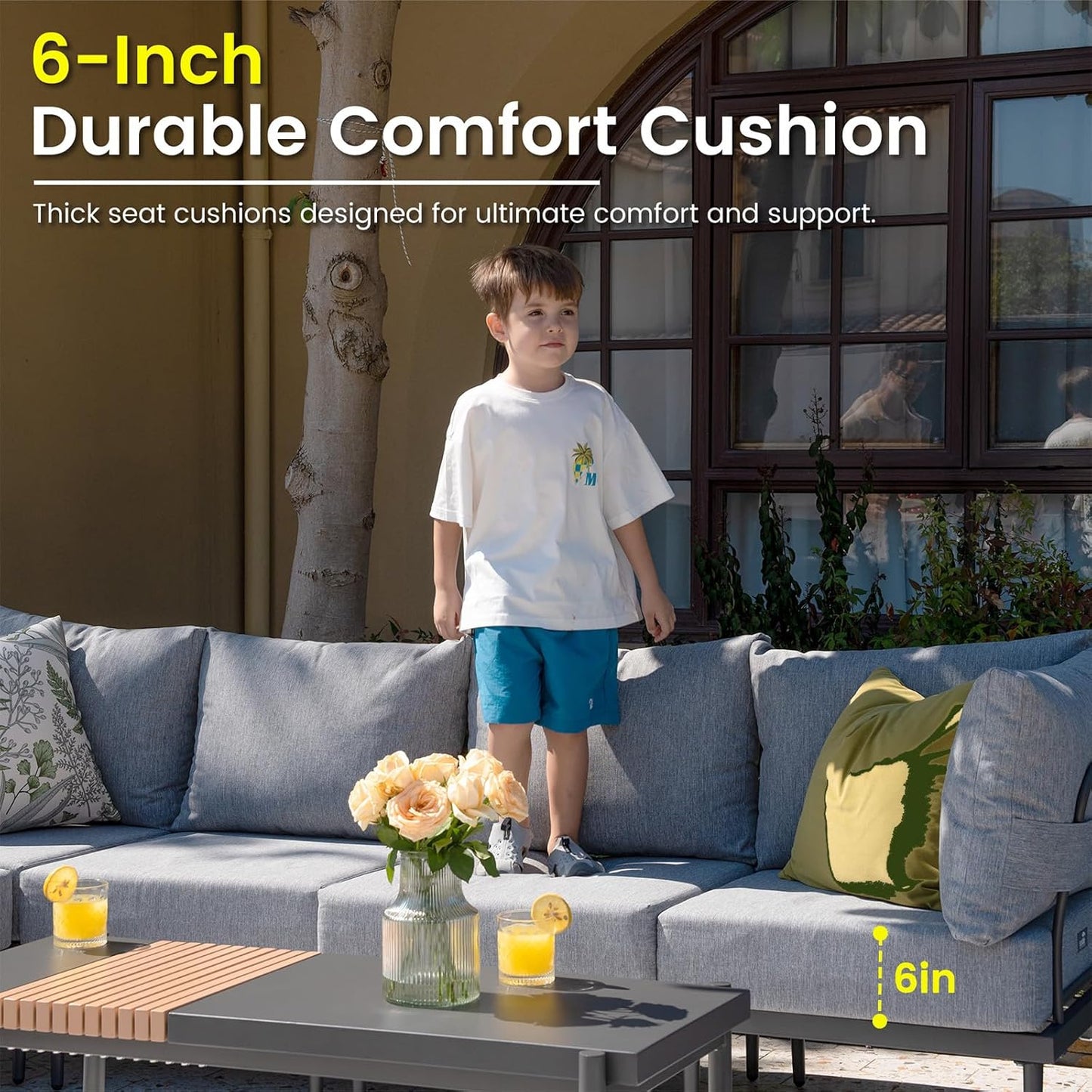 Sundale Outdoor 7 Pieces Metal Patio Furniture Set, Outdoor Sectional Sofa w/6 Inch Olefin Cushion, Modern Outdoor Conversation Sets