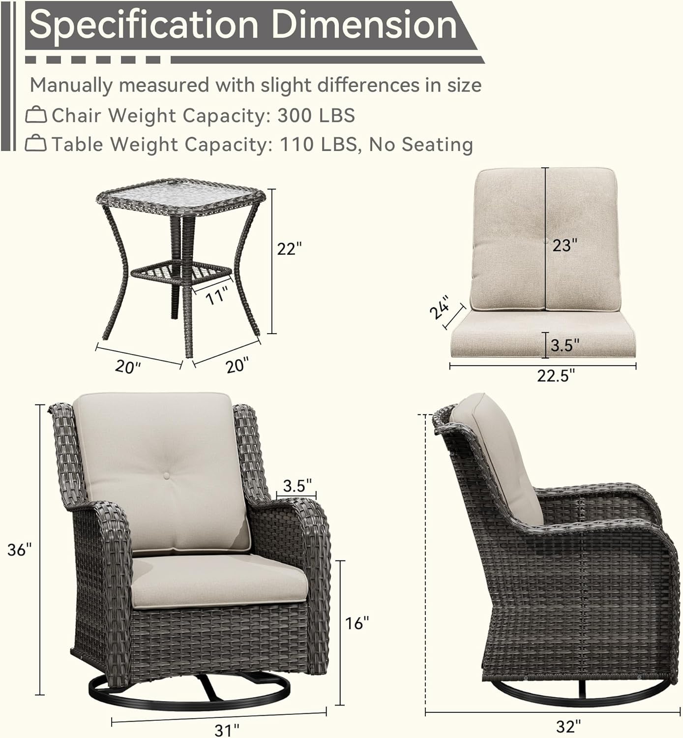 6 Pieces Outdoor Furniture Set - Patio Wicker Swivel Rocker Chair Set of 4 and 2 Side Table, Beige, Mixed Brown Rattan, Suitable for Porch, Yard