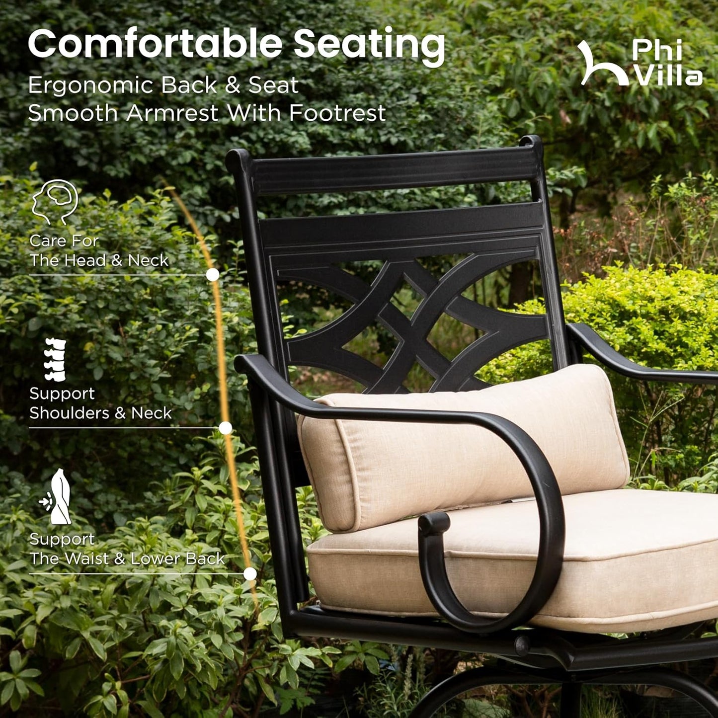 PHI VILLA Outdoor Swivel Bar Stools Set of 4，Patio Counter Height Bar Chairs with Back and Armrest，Metal,Black