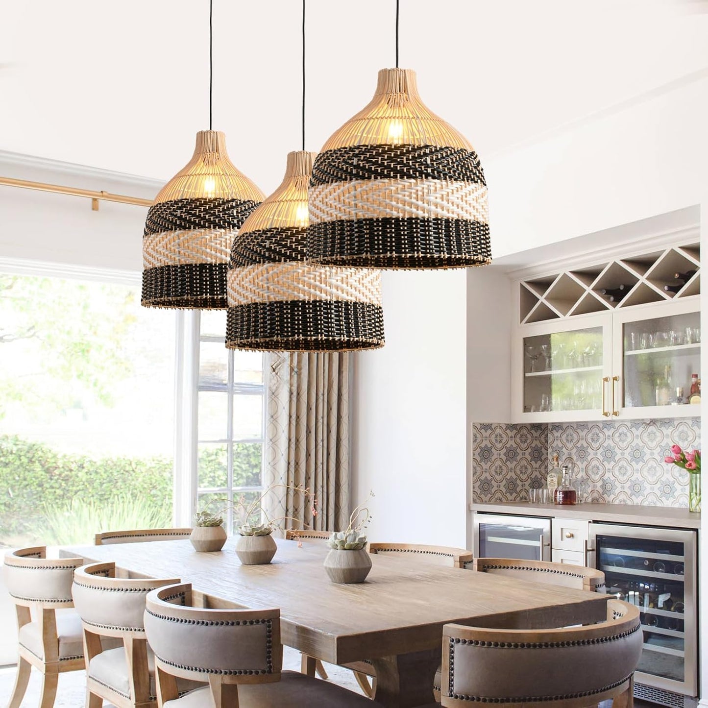 11.8" Rattan Pendant Light 1-Pack Black White Faux Rattan Basket Chandelier Boho Handmade Woven Oval Wicker Hanging Light Fixture for Public Place Dining Living Bedroom Kitchen