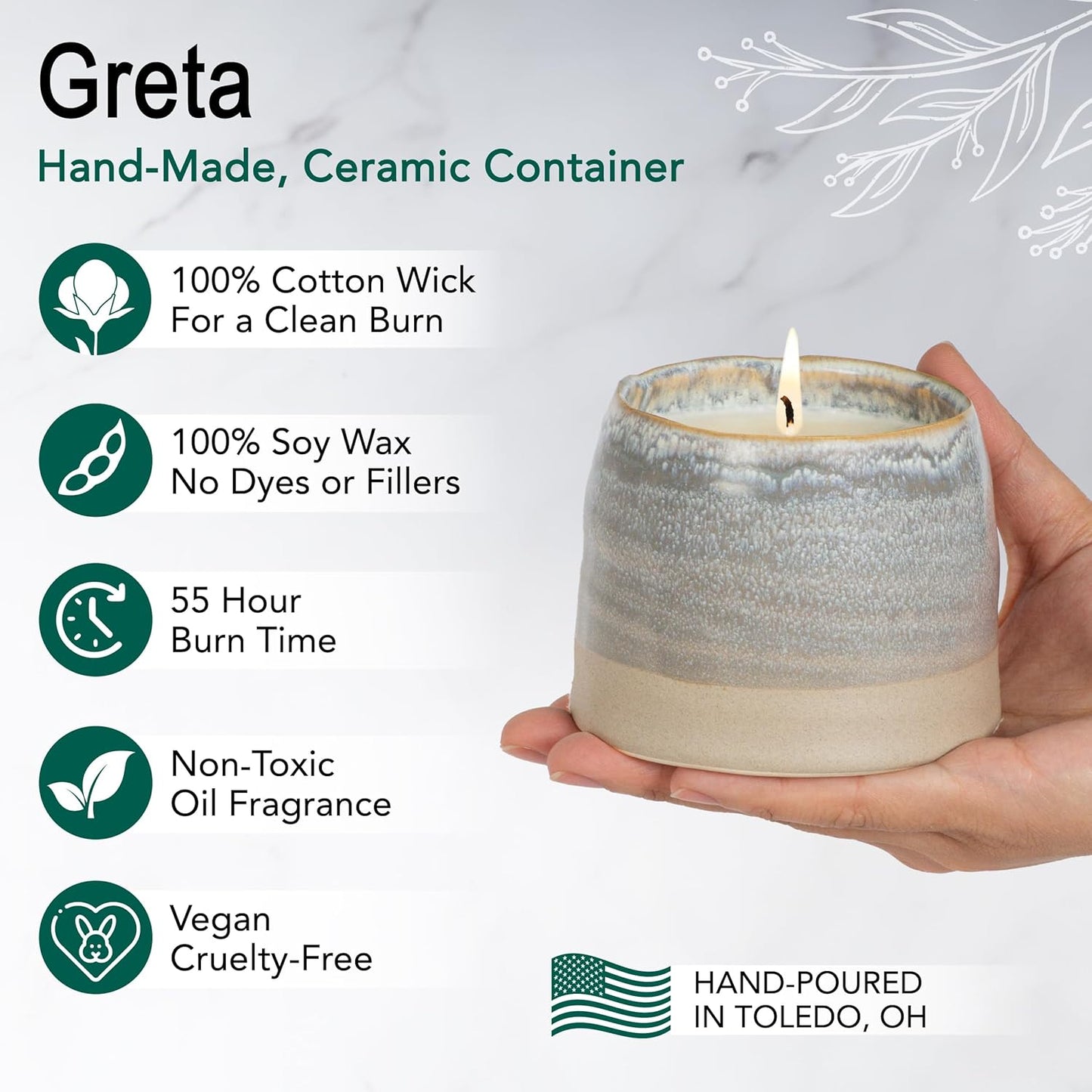 The Growing Candle, Sandalwood & Vanilla Scented, 10oz Ceramic Pot, Aromatherapy Candles for Home, 100% Soy, Greta