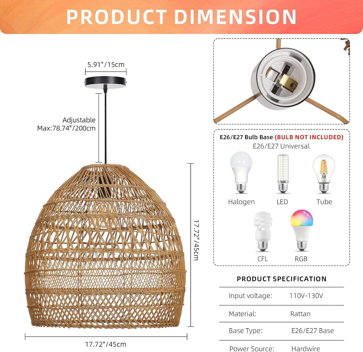 Arturesthome 17.7" Rustic Rattan Pendant Light,Woven Pendant Lighting Fixture,Vintage Farmhouse Chandelier Hanging Ceiling Lamp Shade for Kitchen Island Dining Room