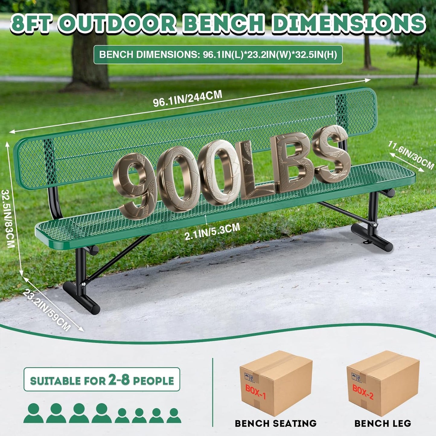 8FT Heavy Duty Park Bench with Back Portable Frame, Outdoor Metal Park Bench with Backrest, Steel Mesh Outdoor Bench for Garden, Lawn, Patio, Porch, Park, Yard, Green