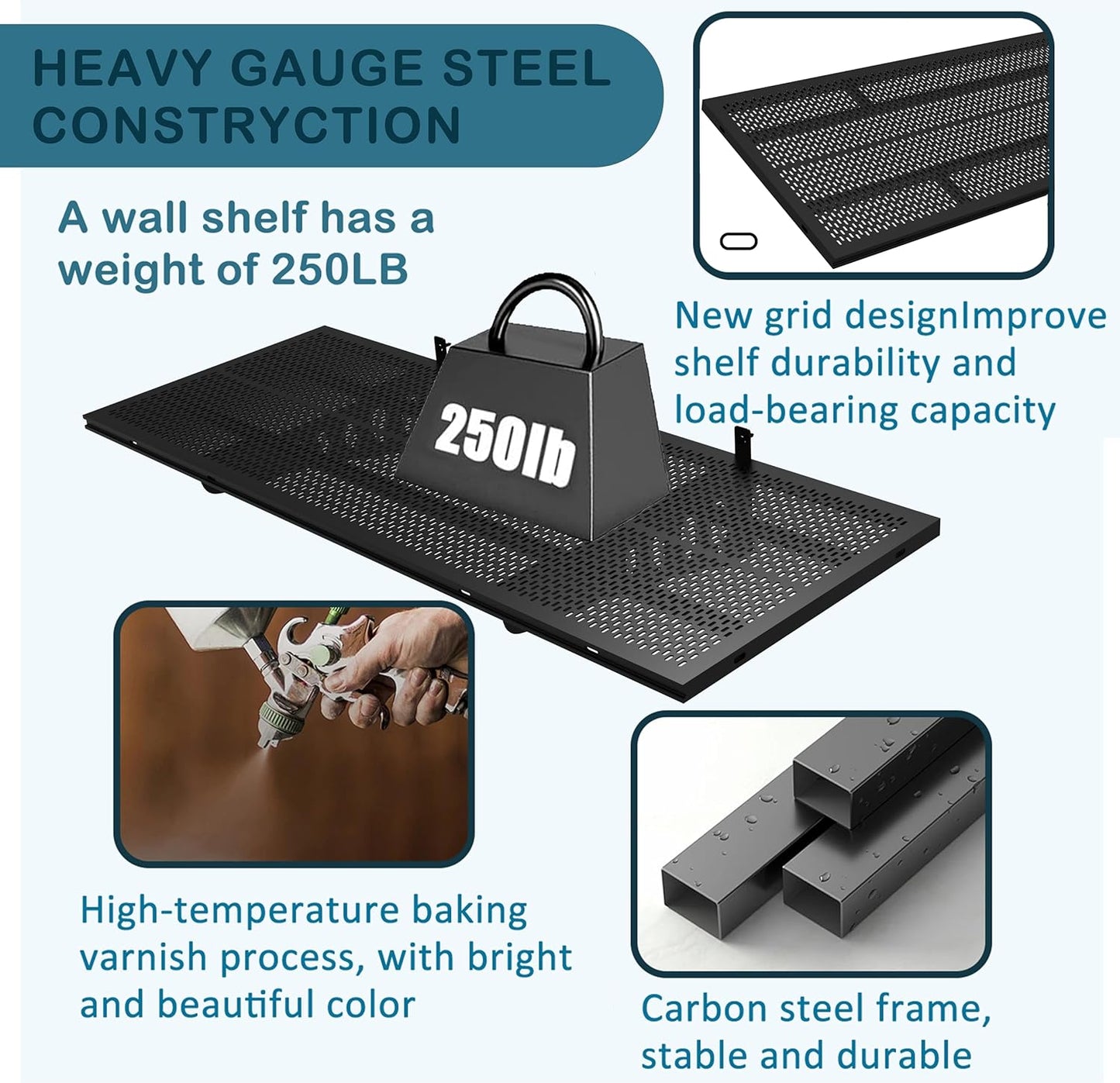 New 1 Pack Garage Wall Shelving, Heavy Duty 1.5' x 3.8' Wall Mount Storage Shelf with Hooks, Garage Storage Rack Floating Shelves, Holds 250 lbs Each