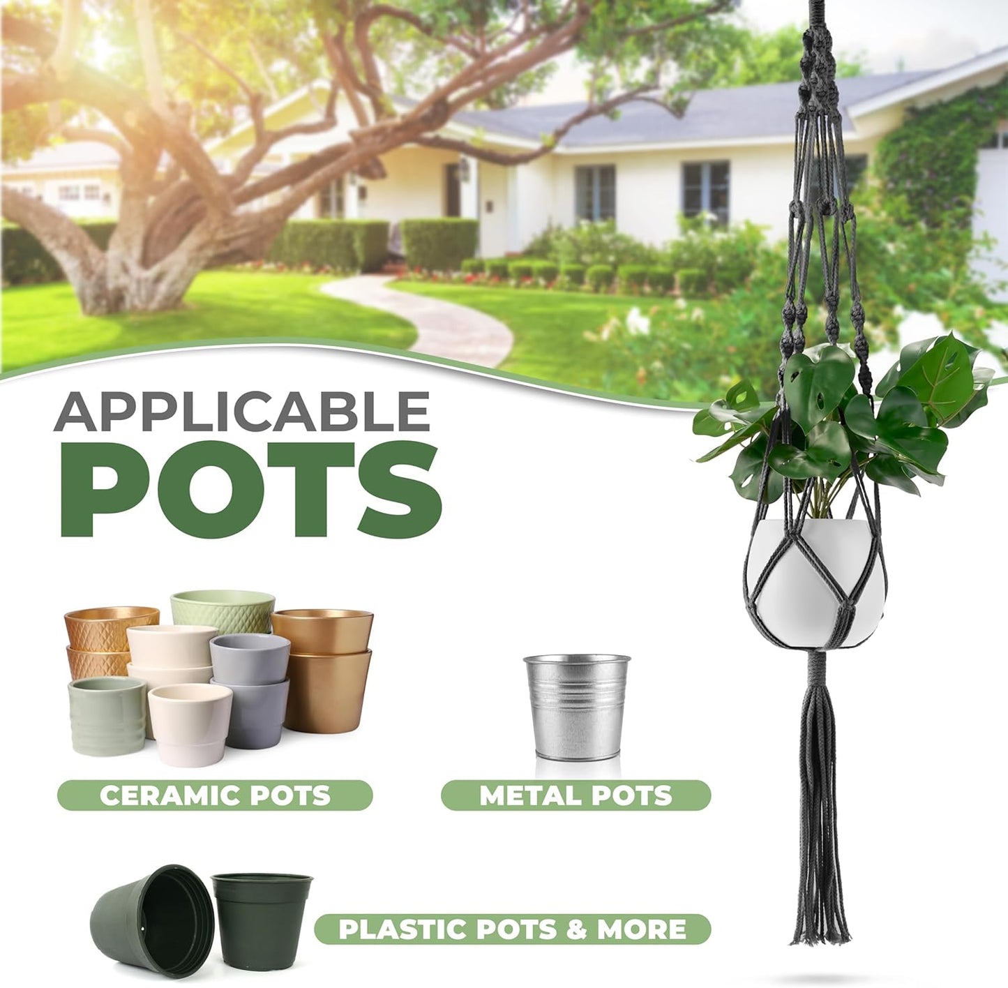 Sorbus Macrame Plant Hanger (4 Pack) Indoor Outdoor Hanging Plant Pots Cotton Rope, Elegant for Home, Patio, Garden (Black)