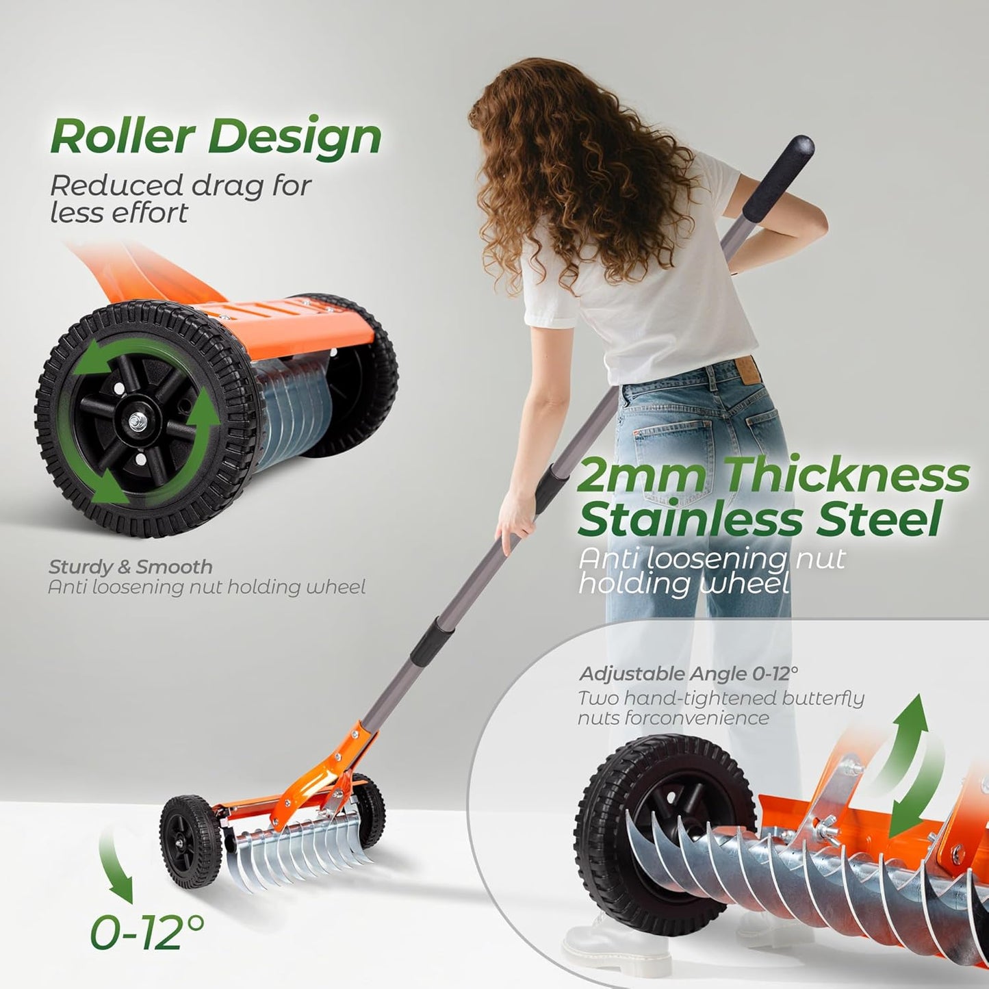 Walensee Dethatching Roller Rake with 76.8'' Adjustable Handle, 2mm Stainless Steel Blades, Heavy Duty Lawn Thatch Remover for Moss, Grass Clippings, Leaves & Debris – Ideal for Yard & Garden Cleanup