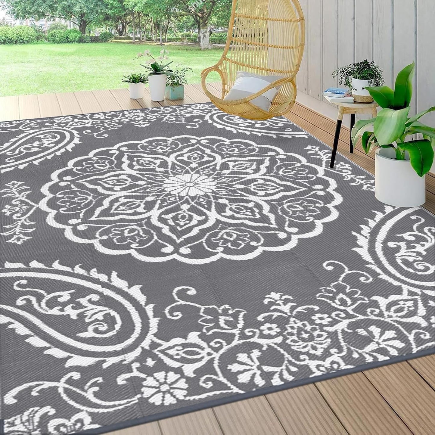 Pauwer Waterproof Outdoor Rug 8x10, Reversible Plastic Straw Patio Camping Rug, Indoor Outdoor RV Mat Carpet for Deck, Camper, Porch, Balcony, Backyard, Picnic, Boho Grey