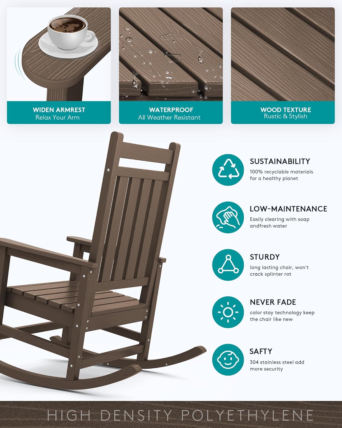 SERWALL HDPE Rocking Chair, Outdoor Rocking Chair for Adults, All Weather Porch Rocker for Lawn Garden, Coffee