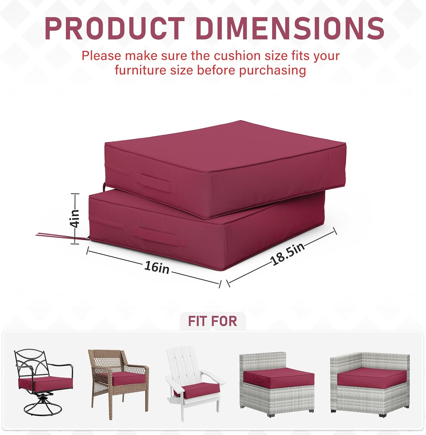 Patio Chair Cushions 18.5 X 16 X 4 Inch Waterproof Outdoor Seat Cushions for Patio Furniture, Outdoor Sofa Couch Pads with Ties & Handle, Set of 2, Fuchsiared
