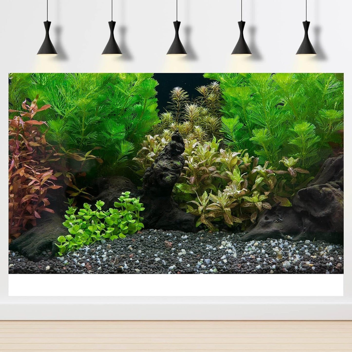 Aquarium Background Exquisite Underwater Grass Leaves with Pebbles Aquarium Backdrop Vivid Green Aquatic Plant Stone with Dead Woods and Fresh Leaves Tank Background Decors Vinyl 24x12in