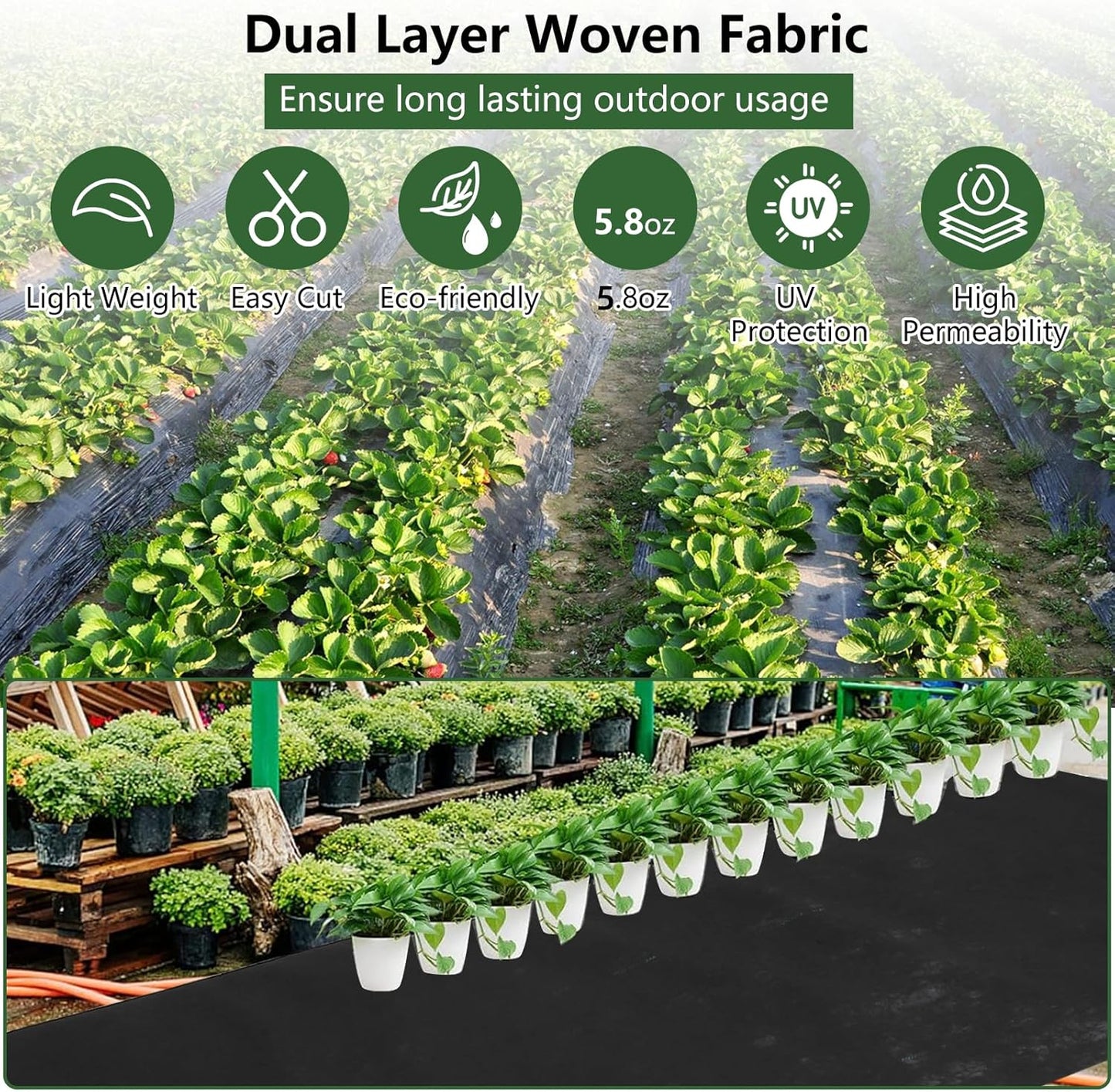 Broadfashion Woven Landscape Fabric 5.8oz, 4 x 100FT Weed Fabric Barrier, Double Layer, Garden Fabric Weed Barrier, Weed Control Fabric Ground Cover, Gardening Mat for Garden Beds
