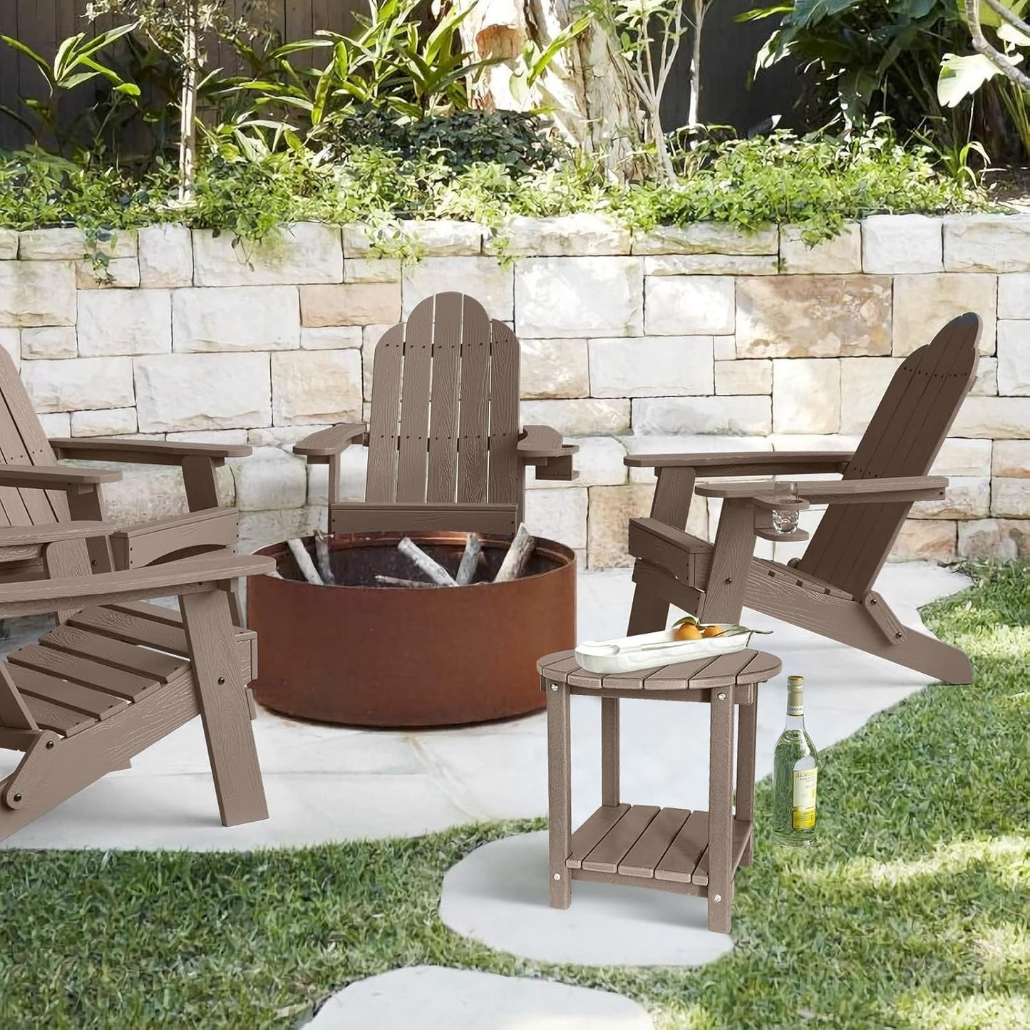 Adirondack Round Outdoor Side Table 2-Tier Storage Patio Side Table, HDPE End Tables for Backyard Pool Porch Garden Lawn (Teak)
