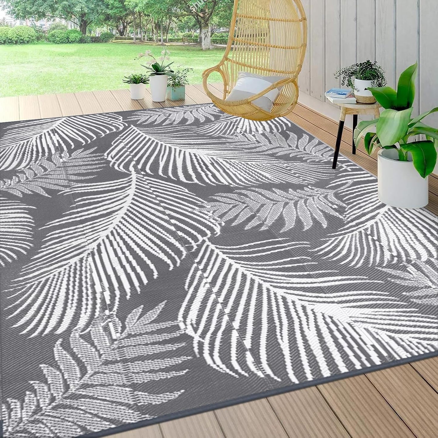 Pauwer Waterproof Outdoor Rug 8x10, Reversible Plastic Straw Patio Camping Rug, Indoor Outdoor RV Mat Carpet for Deck, Camper, Porch, Balcony, Backyard, Picnic, Leaf Grey