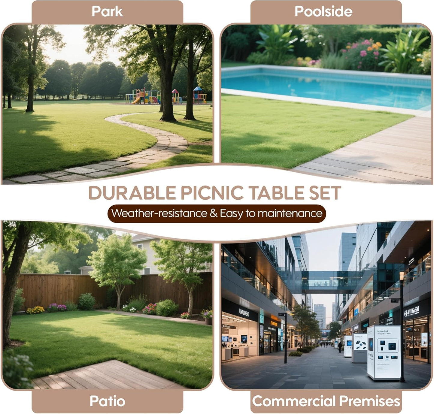6FT Outdoor Picnic Table and Bench Set with 2" Umbrella Hole, WPC Tabletop Seattop Patio Dining Set for 6 People, Outdoor Dining Table and Chair for Park Garden Yard Patio- Brown