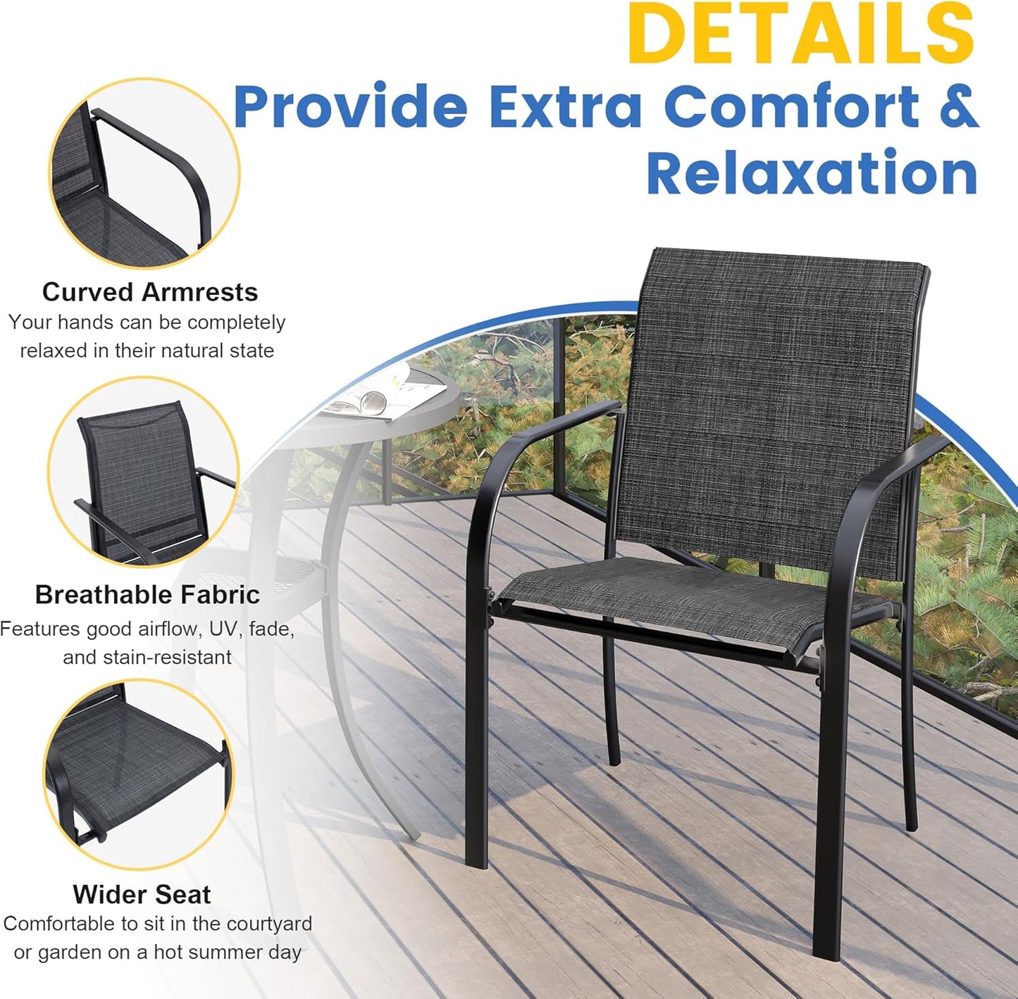 VICLLAX 7 Pieces Patio Dining Set for 6, Outdoor Furniture Set Includes 59" Rectangle Outdoor Table and 6 Stackable Patio Sling Chairs, Black Tabletop and Grey Fabric