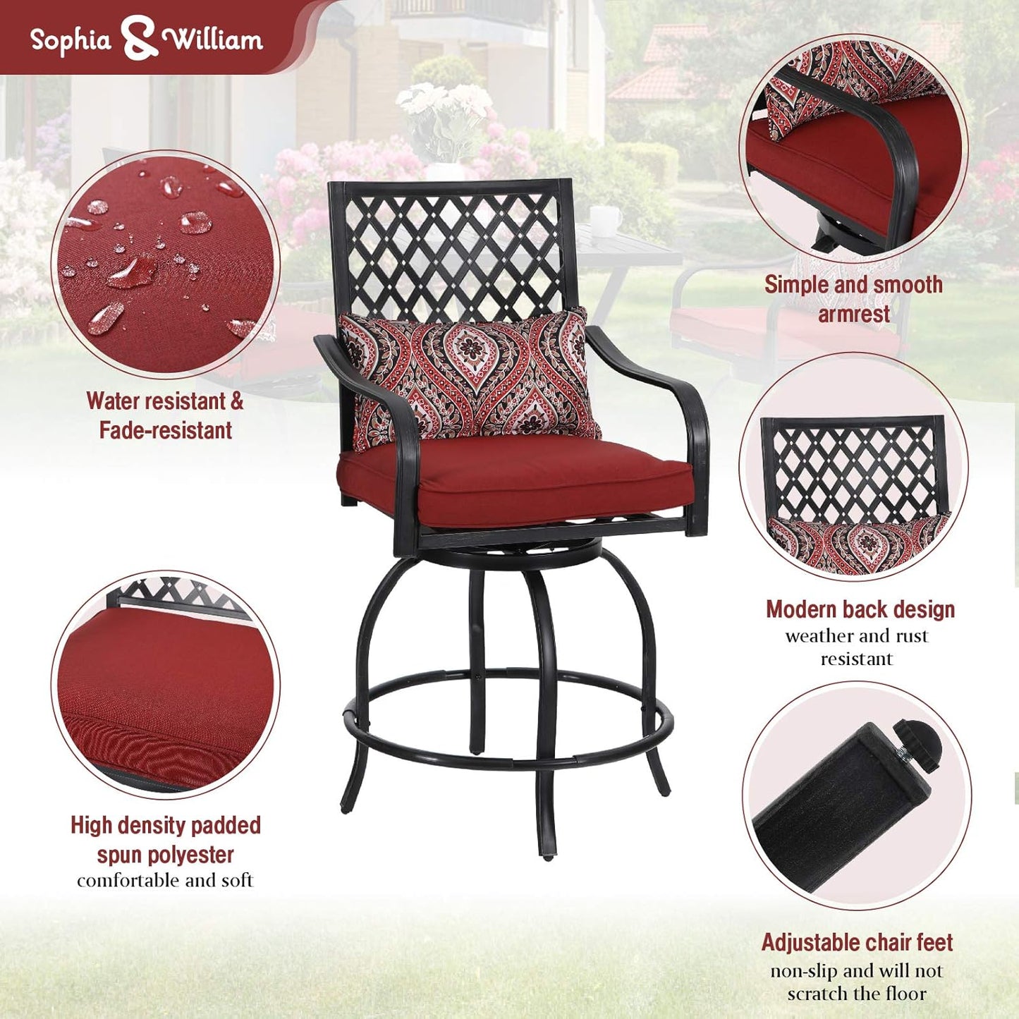 Sophia & William Patio Bar Set 5 Piece Outdoor Dining Set, 4 Swivel Bar Stools Chairs with Red Cushion and 1 Rectangular Bar Height Table, All-Weather Metal Furniture Set for Garden Lawn Backyard