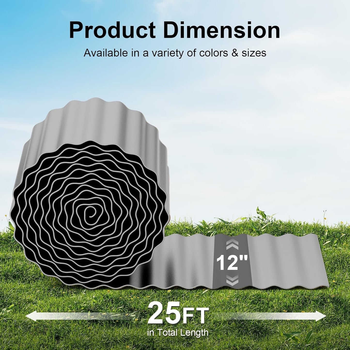 Land Guard Corrugated Garden Edging Border, 12" x 25' Landscape Paver Edging, Tall Landscape Edging, Fence for Garden, Flower Bed, Lawn and Landscape Edging (Grey)