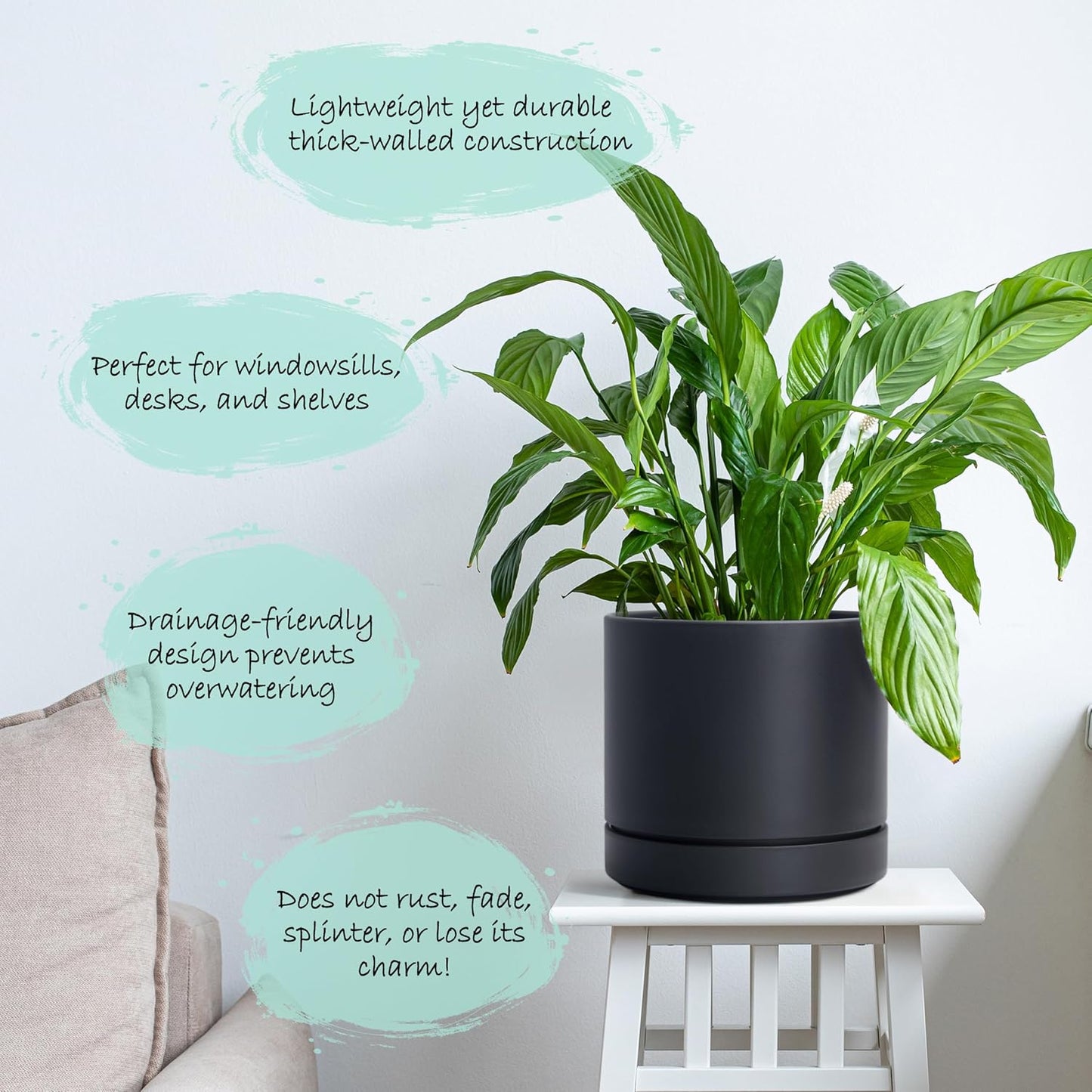 Phoenix Vine 4 Inch and 6 Inch Planter Pot with Drainage Hole & Deep Water Catch Tray Saucer, Straight Cylindrical Round Pot for Plants, Matte Black, 23-A-2-Z