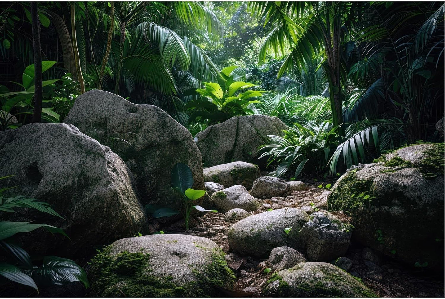 Reptile Habitat Backdrop Lush Tropical Plants and Rocks Terrarium Backdrop Dense Vegetation with Large Broad Leaves and Ferns Fish Tank Background Aquarium Wallpaper Poster Decor Vinyl 48x24in