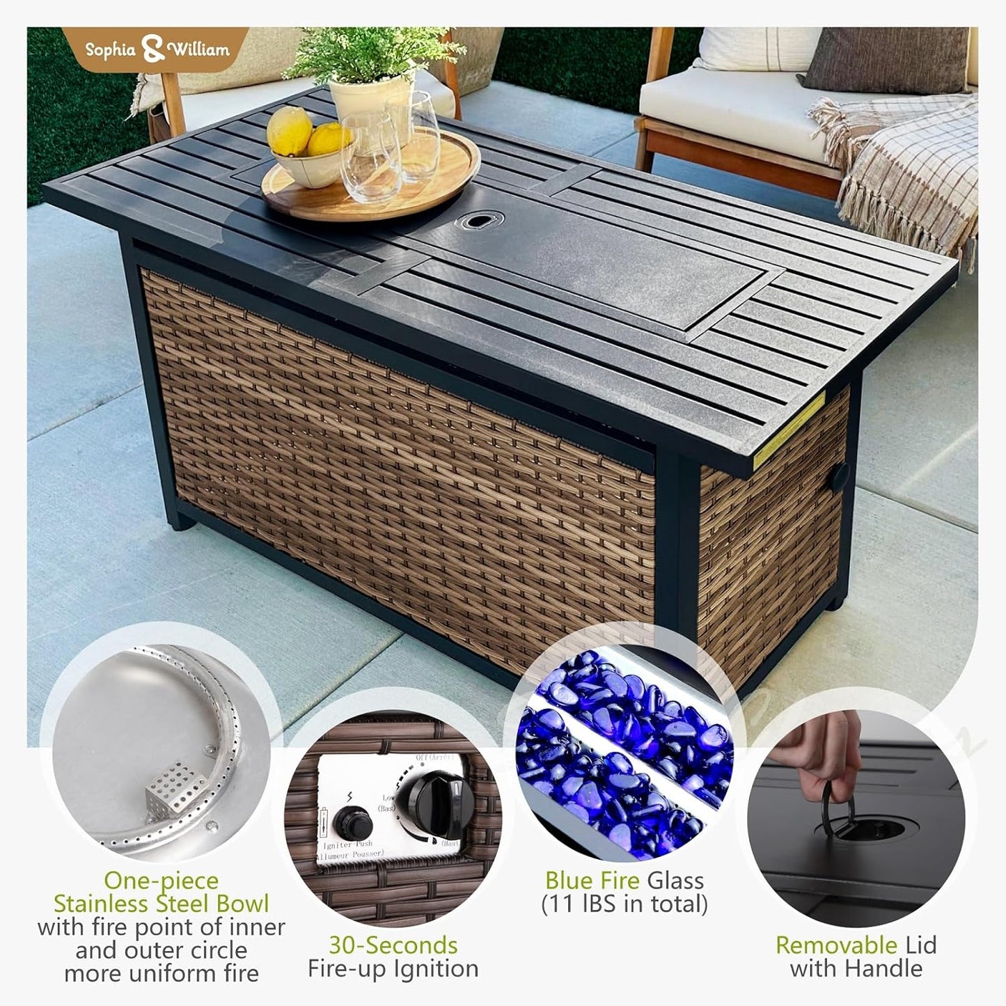 Sophia & William Patio Furniture Set with Fire Pit Table, 8 Piece Half Moon Outdoor Wicker Sectional Sofa Set, Rattan Conversation Set with 56-Inch Fire Pit Table & Ottoman (Beige)